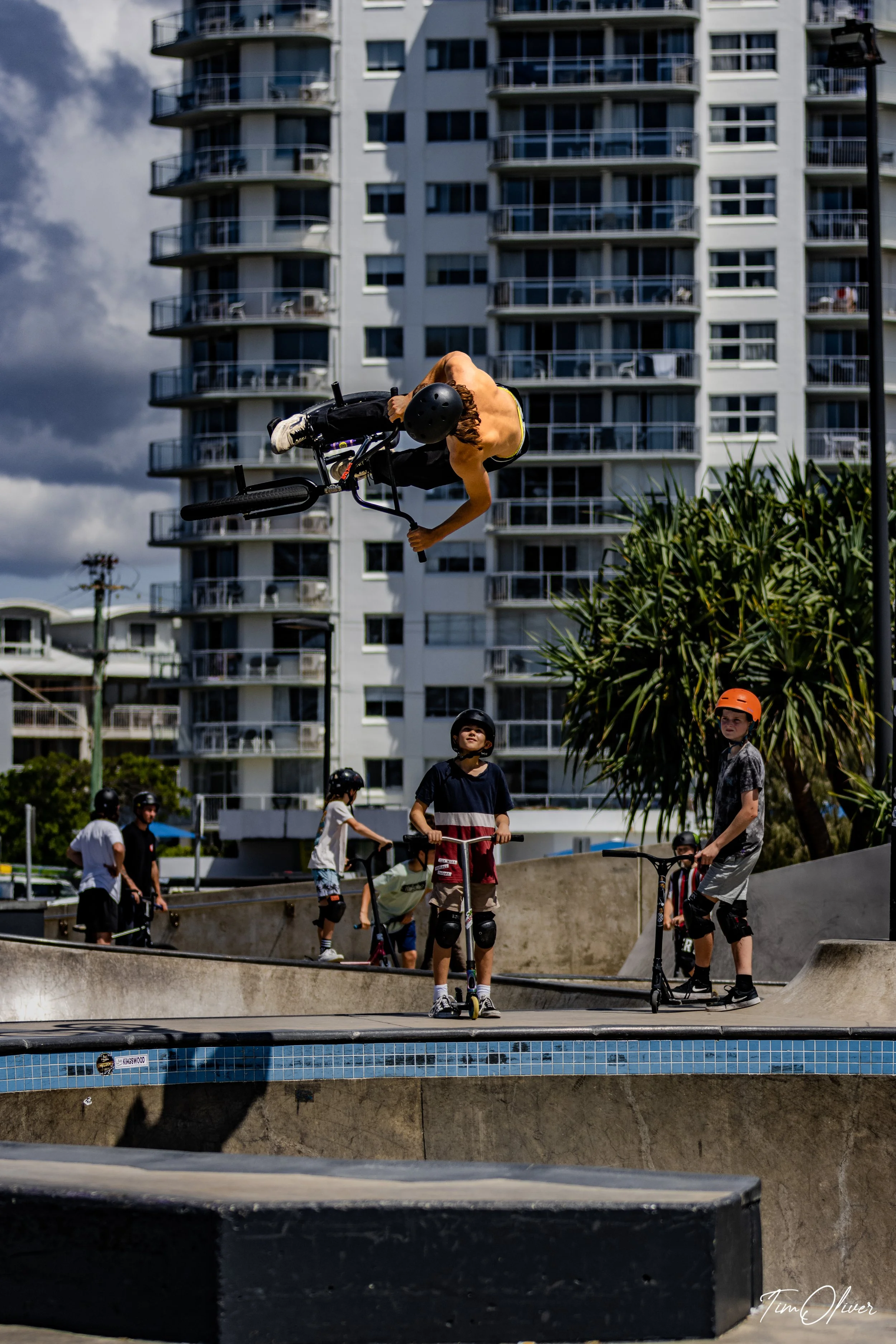 Klay Larkin boosting an air at Alexandra Headland skatepark