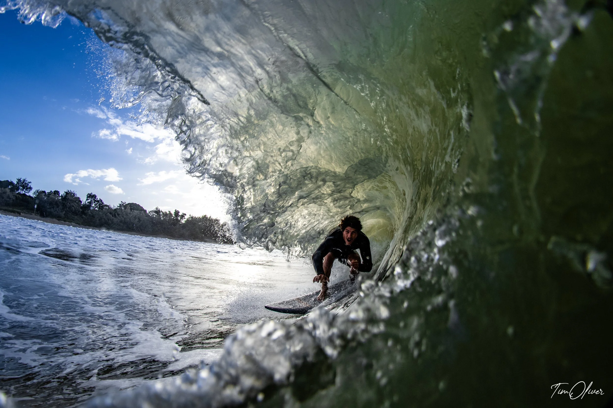 Jakeb Dugbell getting barreled at Mooloolabah Beach