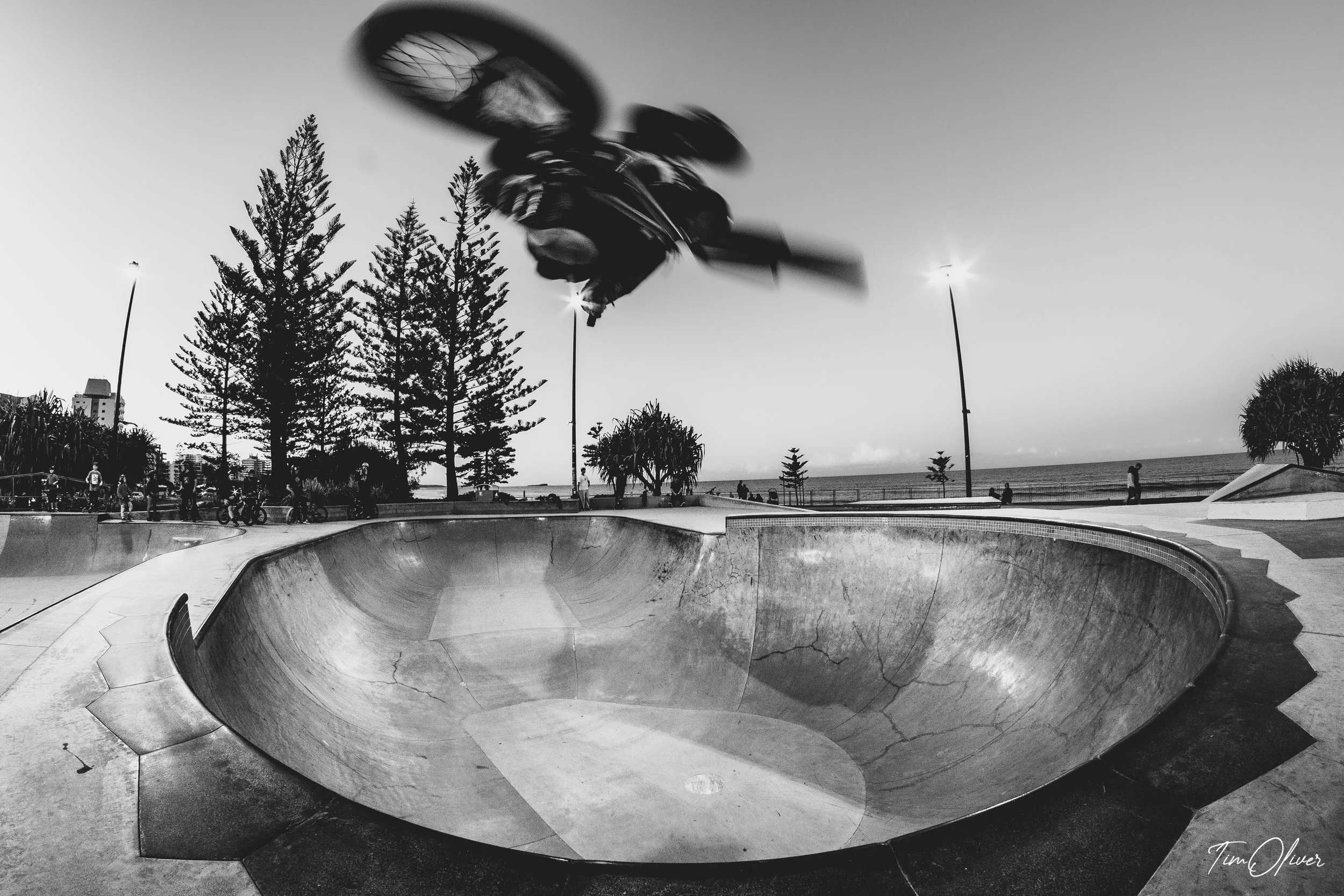 Jakeb Dugbell boosting an air at Alexandra Headland skatepark