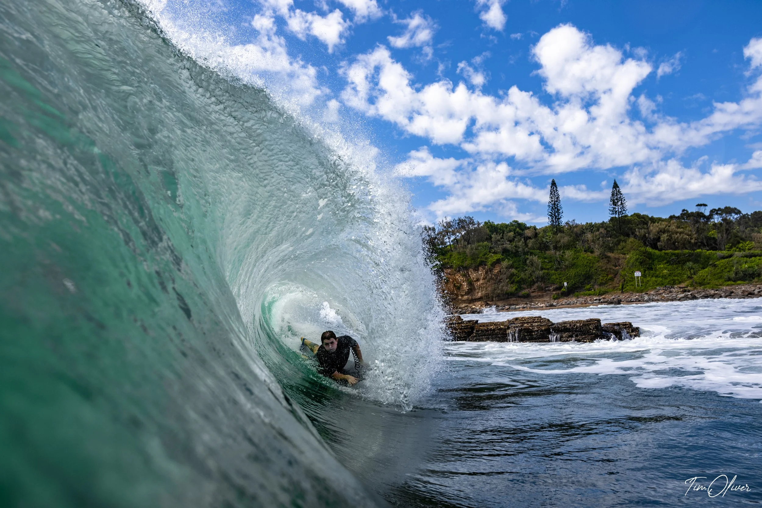 Bodyboarder getting barreled at point cartwright