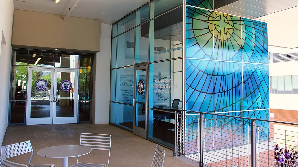 blue GCU stained glass office glass window print