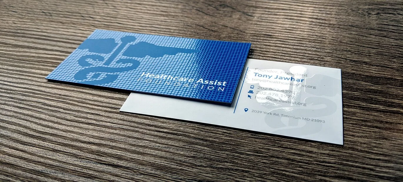 blue healthcare business card with spot uv finish