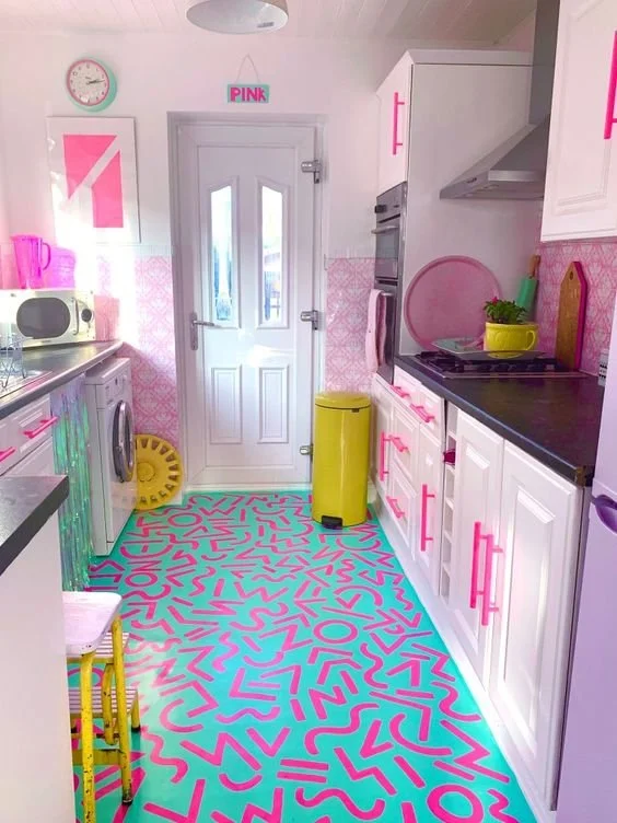 cyan and magenta printed tile
