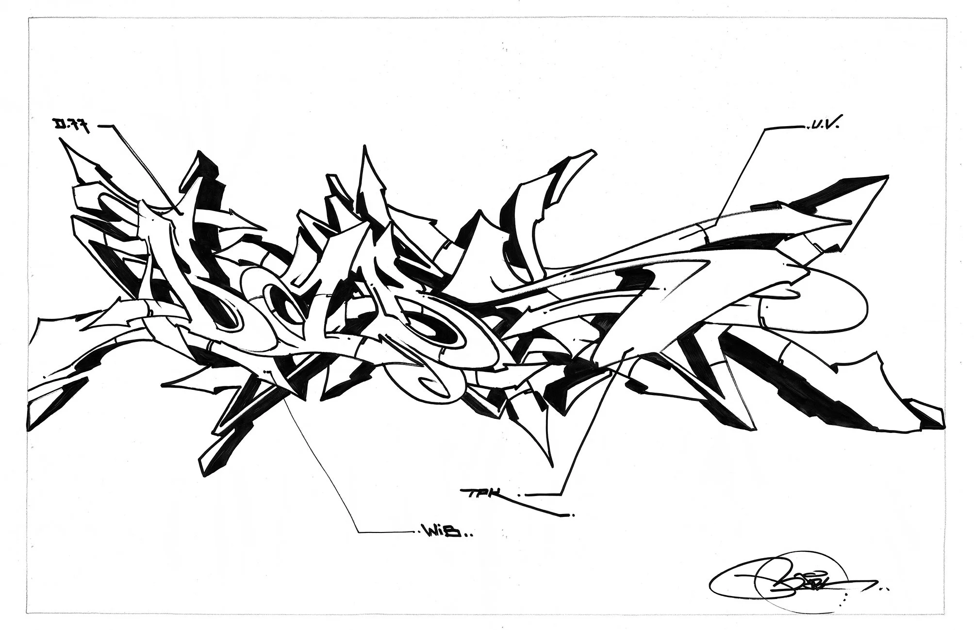 Lettrage élaboré (Graff Wildstyle) en noir et blanc avec des lettres stylisées et déformées. Oeuvre de l'artiste "Babs"