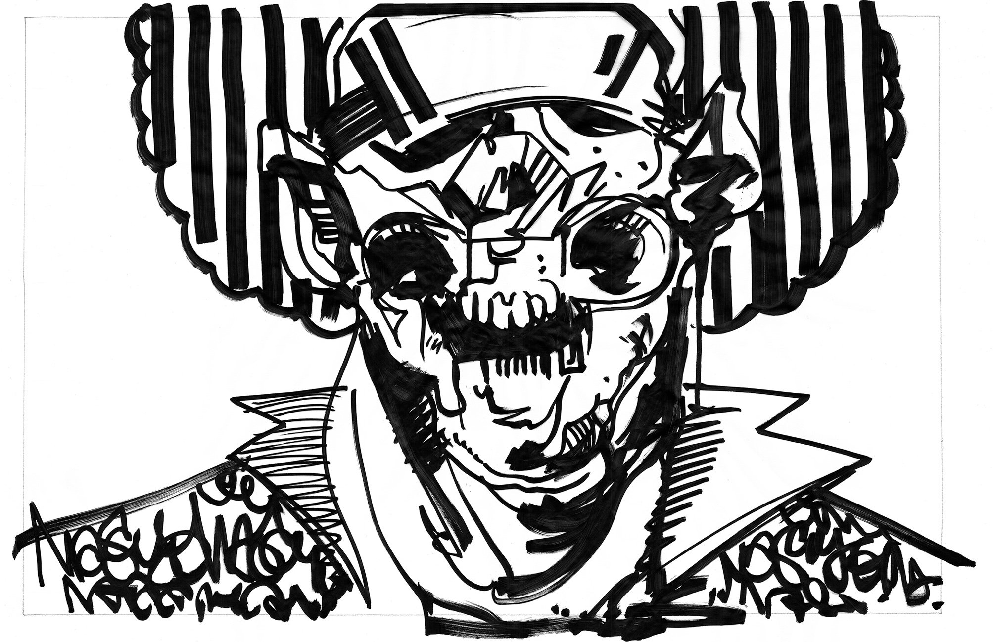 Composition artistique d'un crâne (visage humain) avec un style abstrait et des écritures formant les épaules, en noir et blanc. Oeuvre de l'artiste "Nassyo"