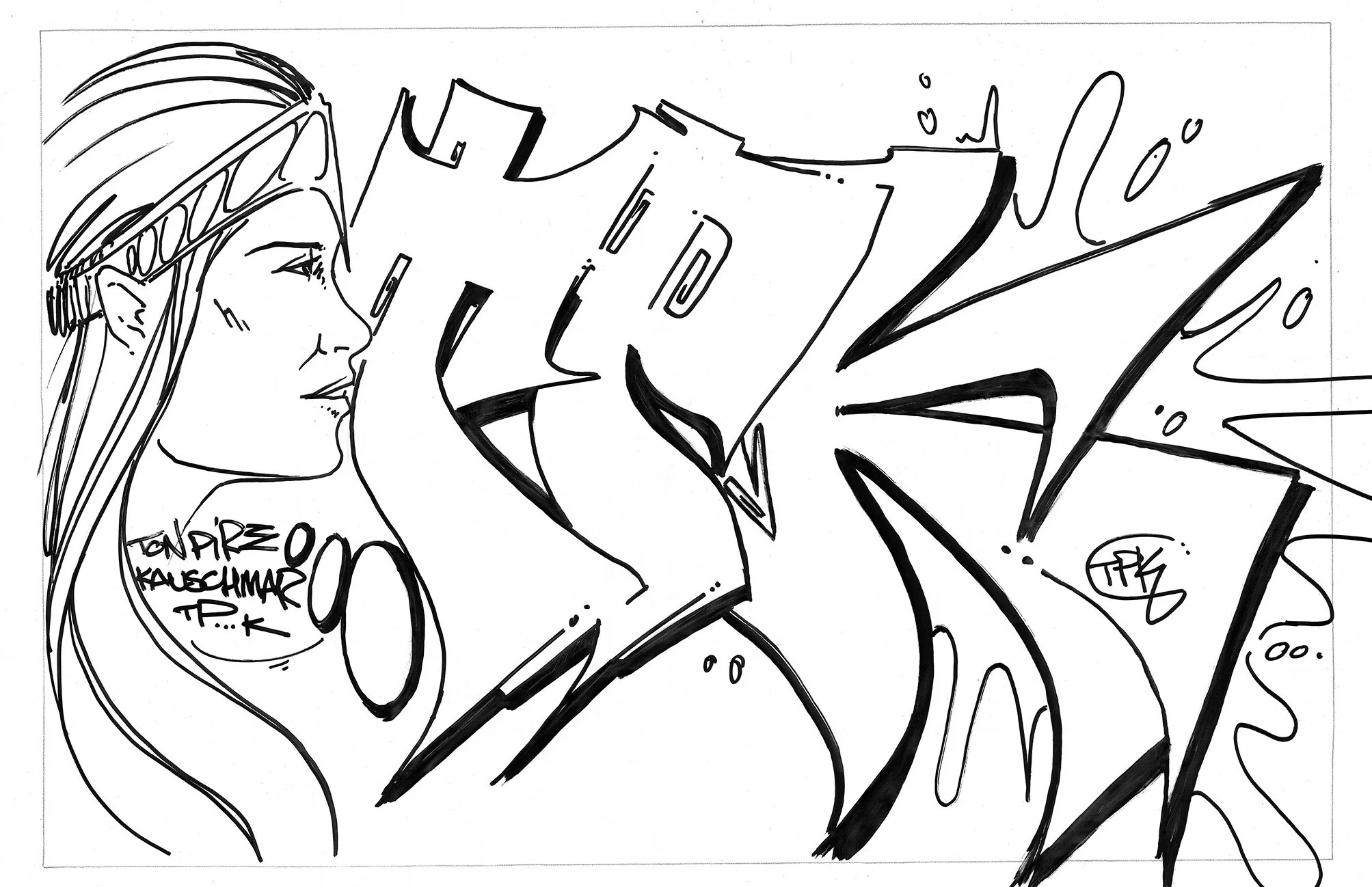 Composition d'un Graff (Lettrage Graffiti) de trois lettres : T.P.K et d'un dessin de d'un visage féminin. Oeuvre de l'artiste "Spadze"