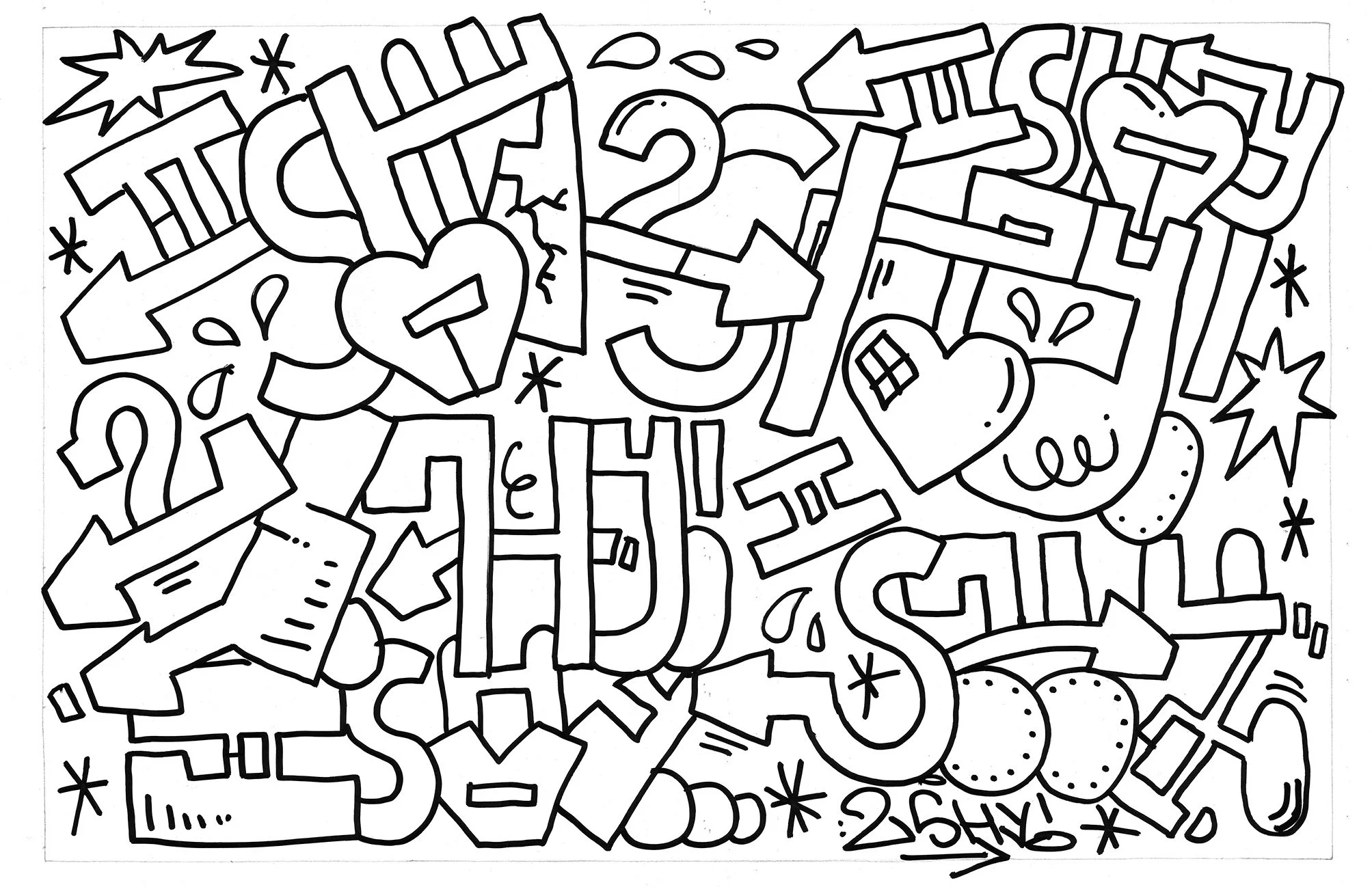 Graff (Lettrage doodle artistique) noir et blanc avec des formes, flèches et cœurs entremêlés. Oeuvre de l'artiste "2shy"