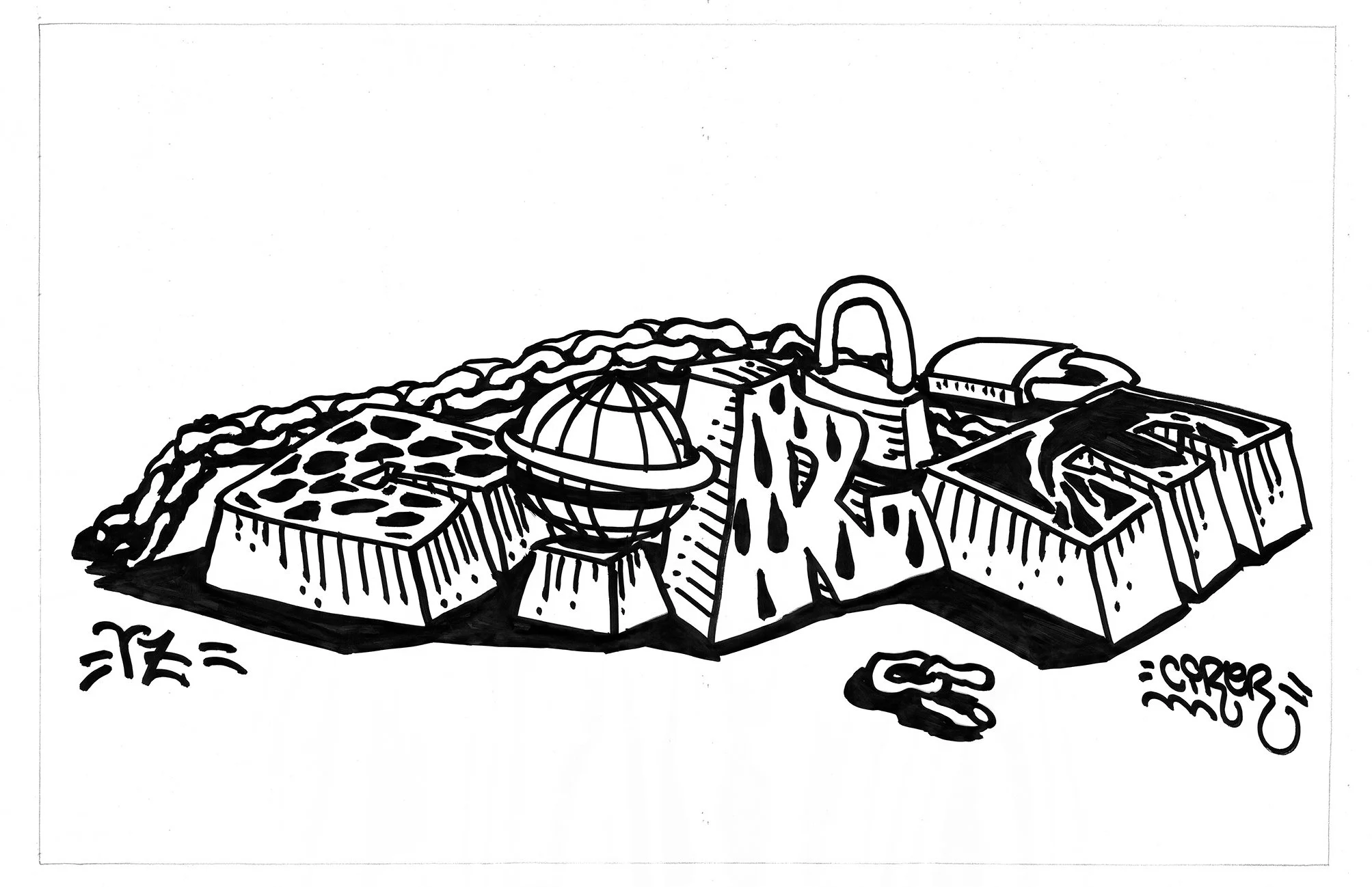 Graff (Lettrage Graffiti) wildstyle composé d'une chaîne avec cadenas et d'éléments variés de style graffiti. Oeuvre de l'artiste "Cire"