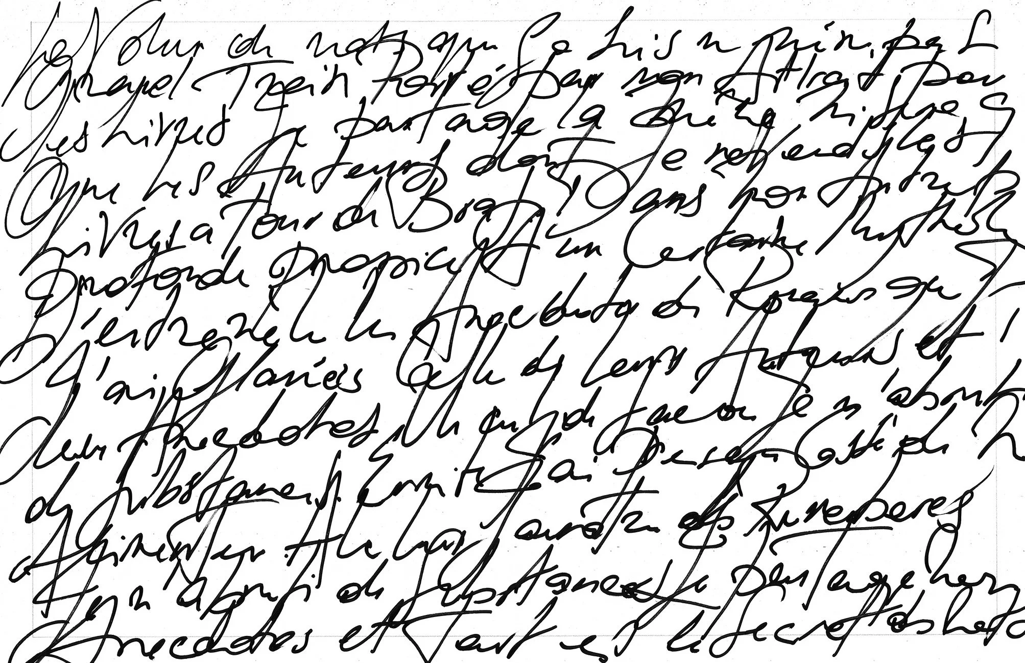 Composition constituée d'un texte manuscrit en français, en écriture cursive dense et difficile à lire. Oeuvre de l'artiste " Apotre"