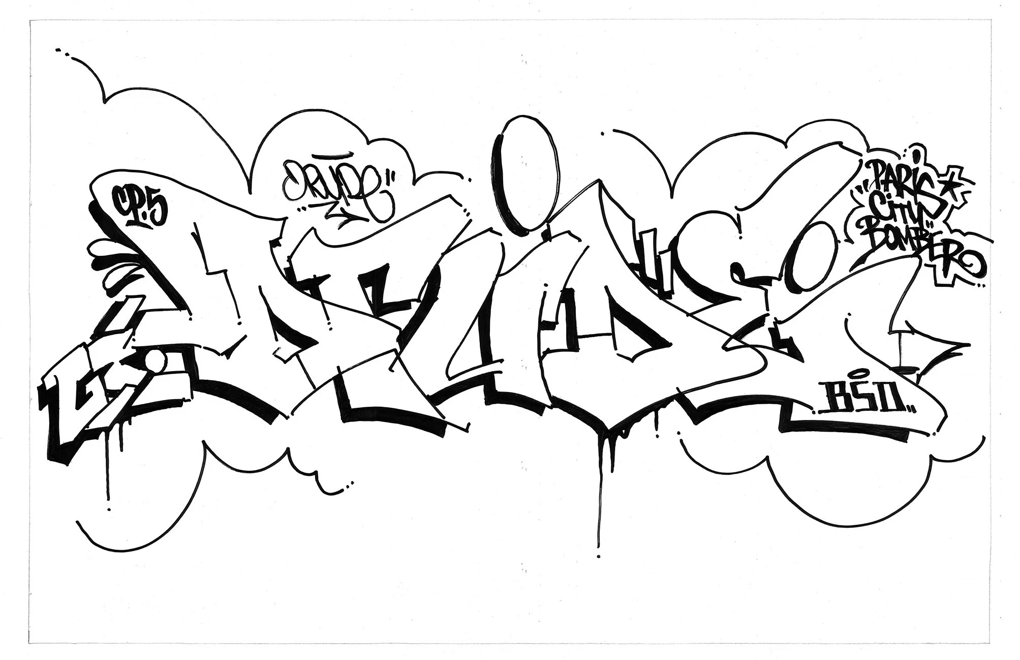 Graff (Lettrage Graffiti) en noir et blanc avec des lettres stylisées. Oeuvre de l'artiste "Druide"