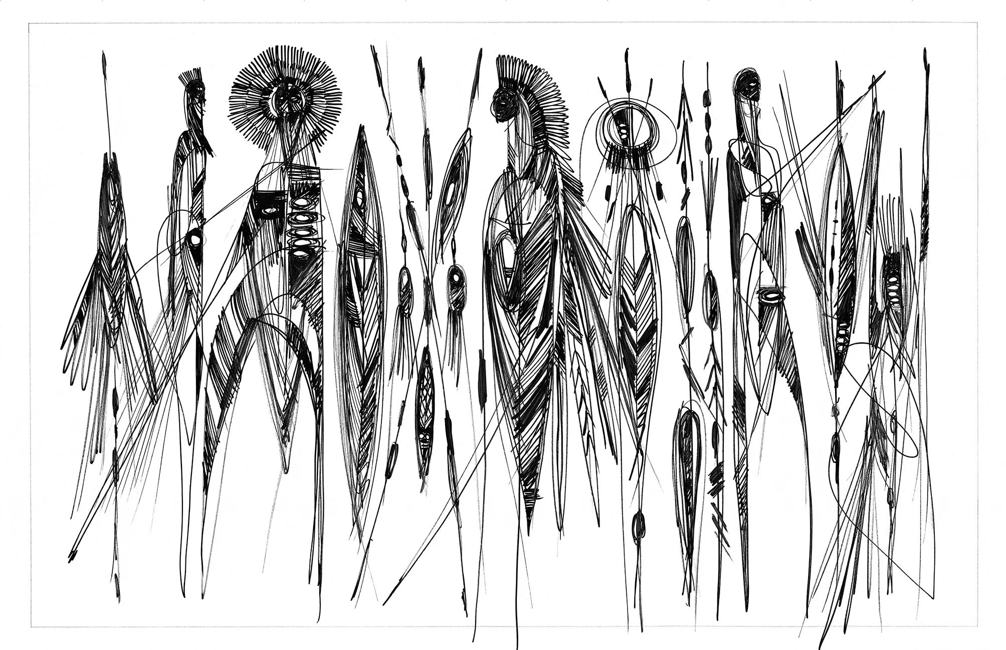 Illustration figurative d'inspiration tribal et ethnique en noir et blanc. Oeuvre de l'artiste "Stéphane Carricondo"