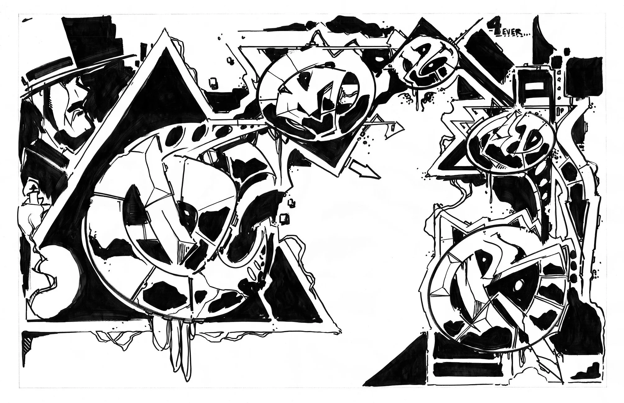 Composition stylisée basé sur un lettrage graffiti tendant vers l'art abstrait en noir et blanc avec des formes géométriques et un motif répétitif. Oeuvre de l'artiste "Dize"