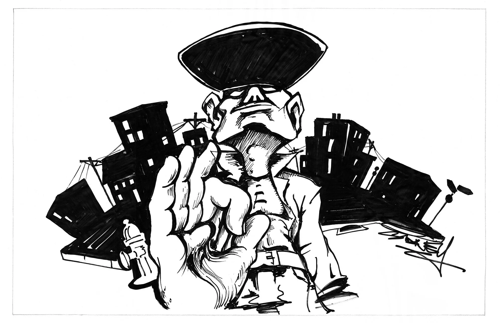 Illustration en noir et blanc d'un personnage typique des B-boys du Hip-Hop, avec une casquette et des lunettes, faisant un geste de la main "OK" devant des bâtiments stylisés en arrière-plan. Oeuvre de l'artiste "Sydney"