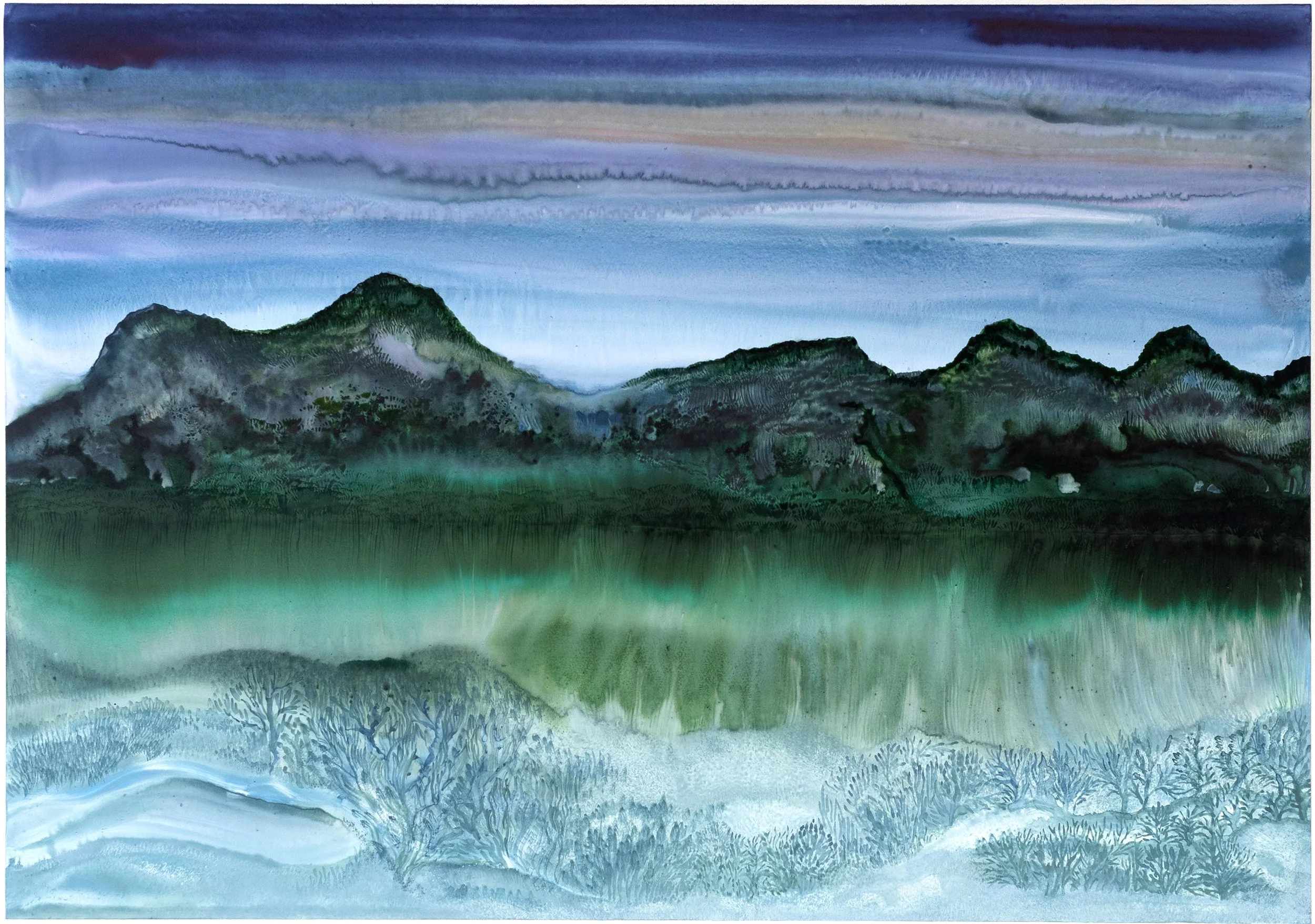 Rayon vert, 2026, encre, gouache et pigments sur papier marouflé sur bois, 100 x 70 cm