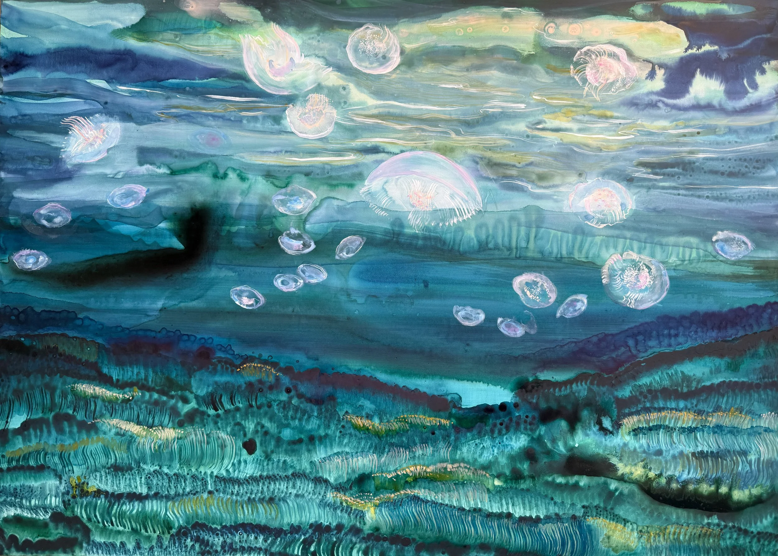 Les fantômes, 2026, encre et gouache sur papier marouflé sur bois, 70 x 50 cm