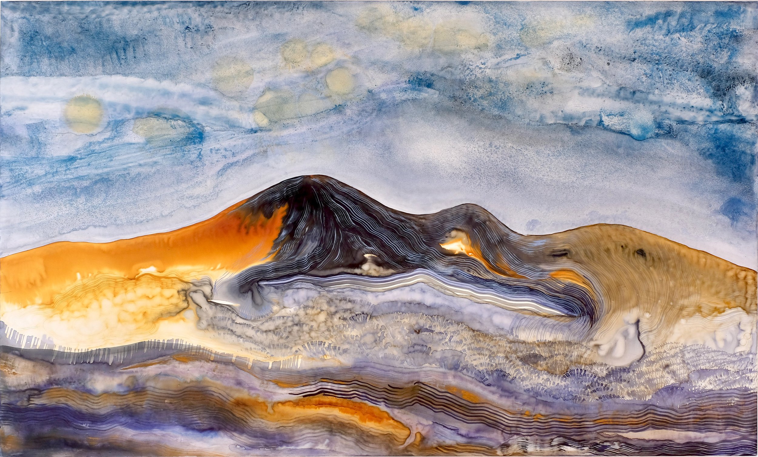 Brûler pour briller, 2026, encre, gouache et pigments sur papier marouflé sur bois, 100 x 60 cm