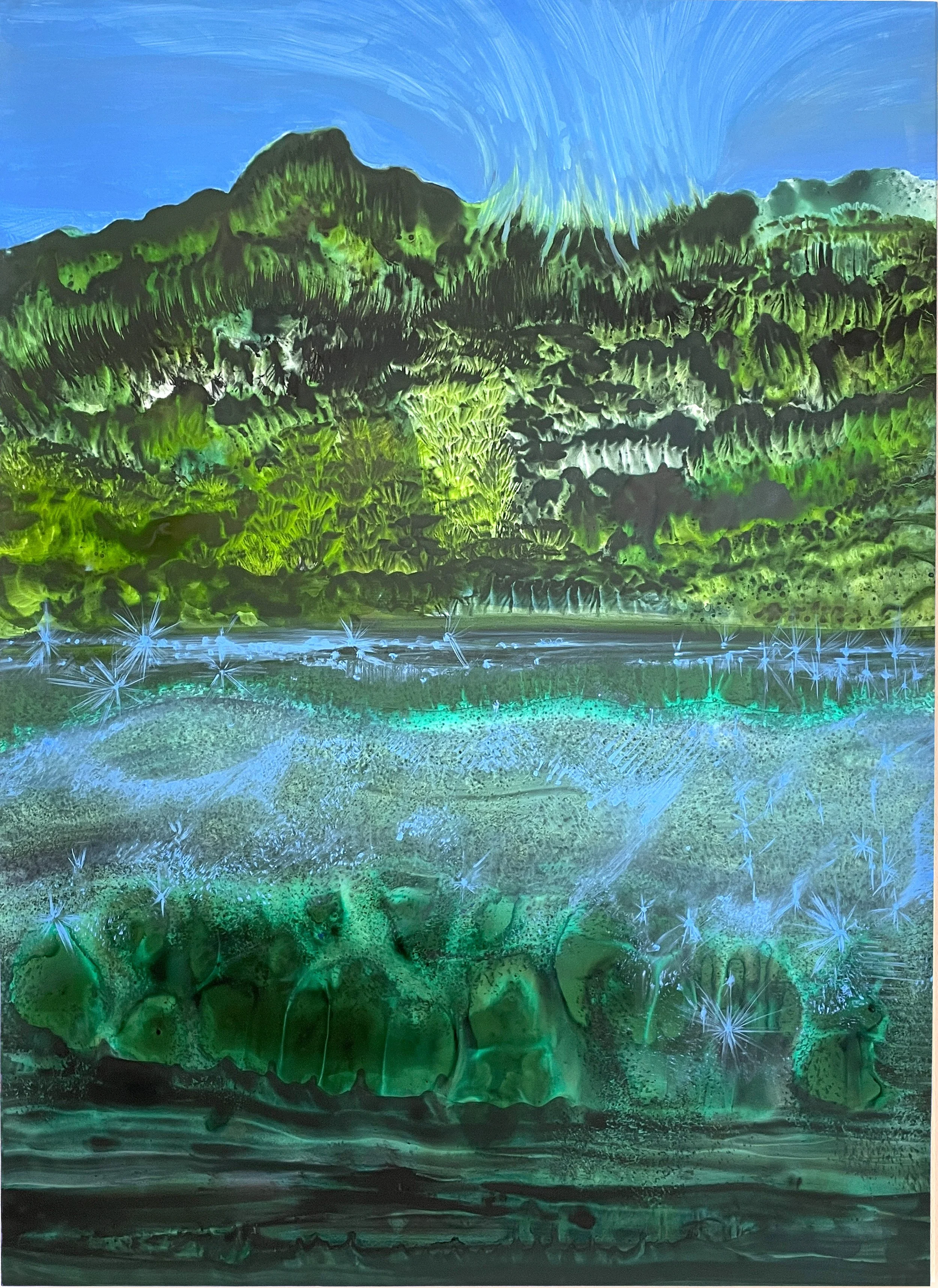 La forêt abyssale, 2025, encre, gouache et pigments sur papier pierre marouflé sur bois, 50 x 70 cm