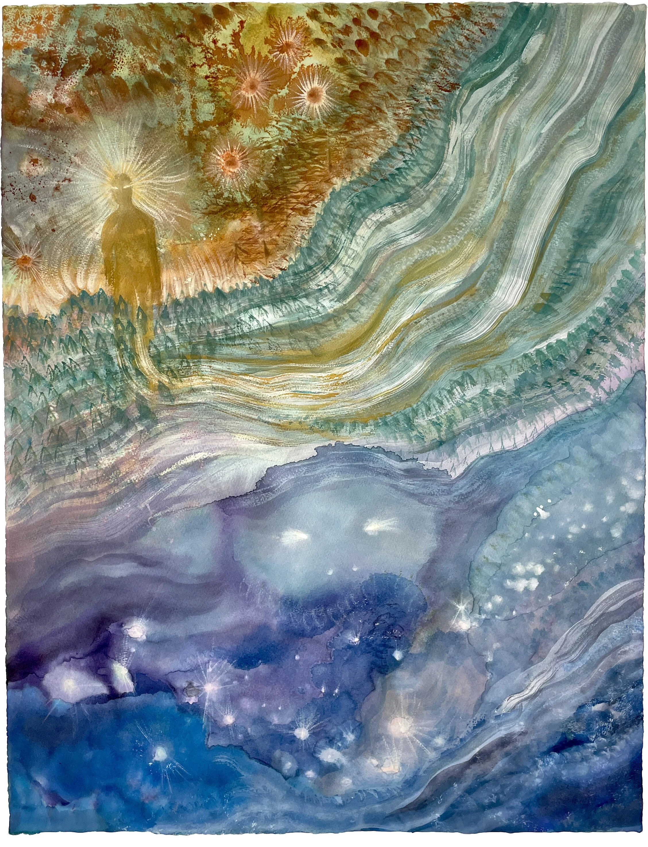 Le chant de la rivière, 2025, encre, aquarelle et pastel sec sur papier, 50x65 cm