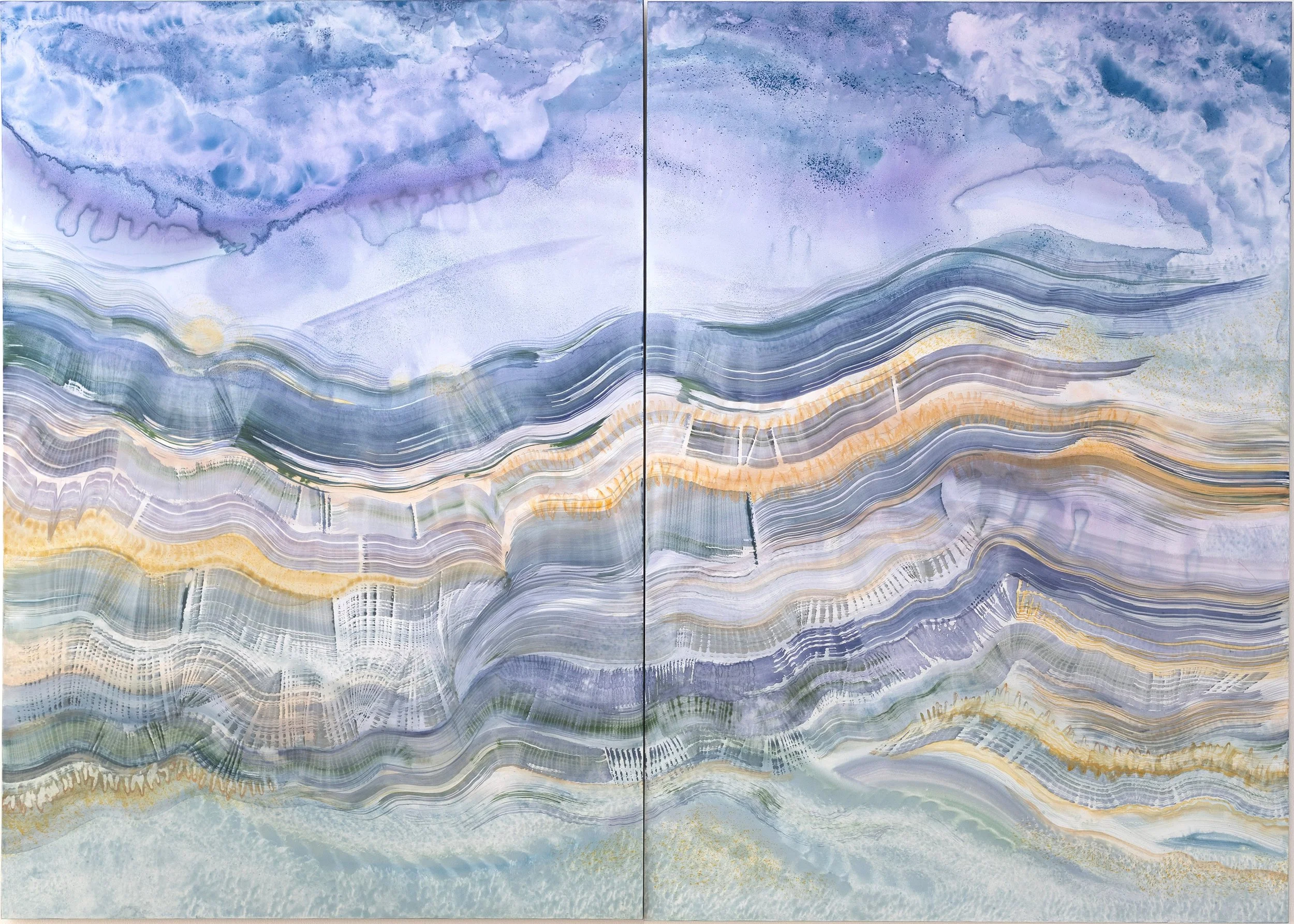 Stratosphère, 2026, techniques mixtes sur papier pierre marouflé sur bois, diptyque, 140 x 100 cm 