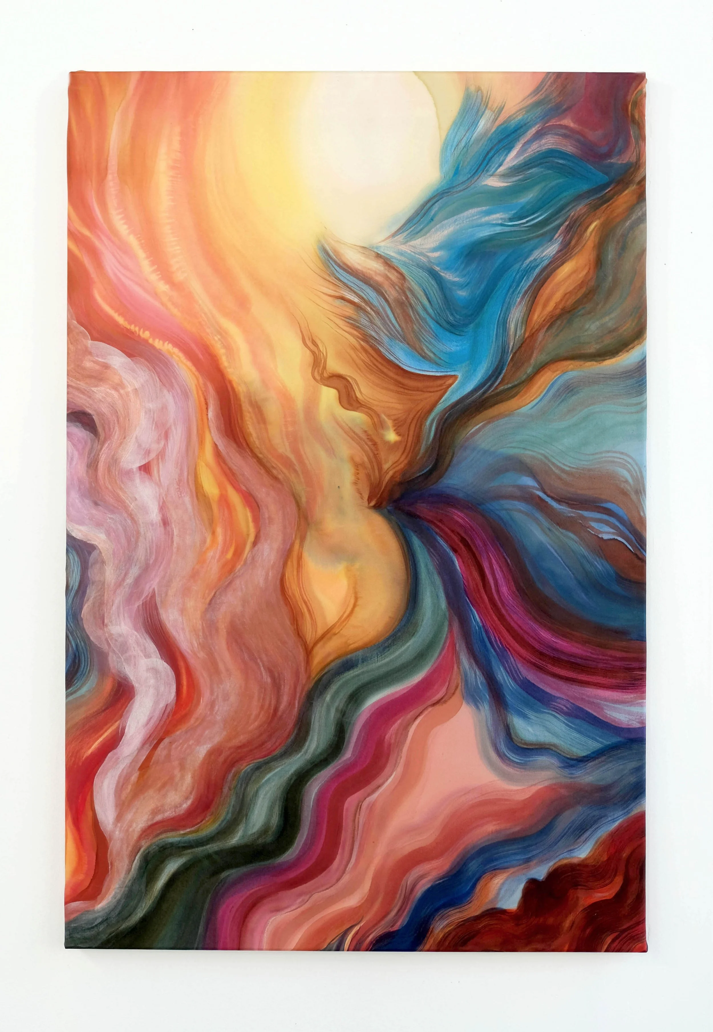 Vers le feu, encres textiles étuvables sur soie, 55 x 85 cm, 2025