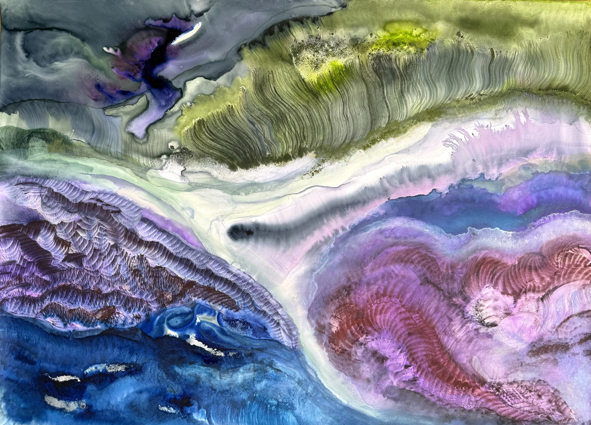 Nébuleuse, 2026, encre, gouache et pigments sur papier pierre, 50 x 70 cm