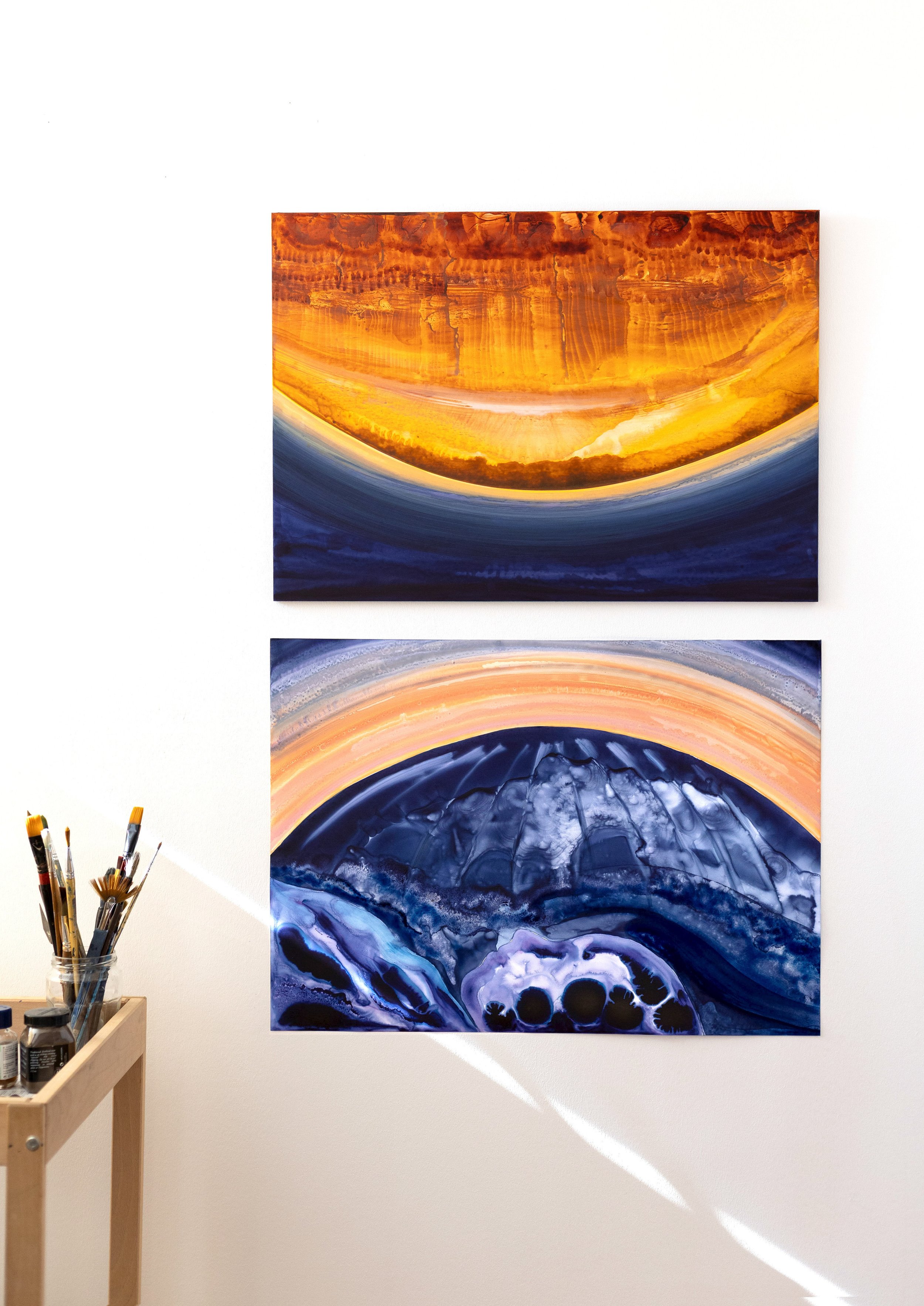 Génèse I & II, 2025, techniques mixtes sur papier marouflé sur bois 70 x 50 cm