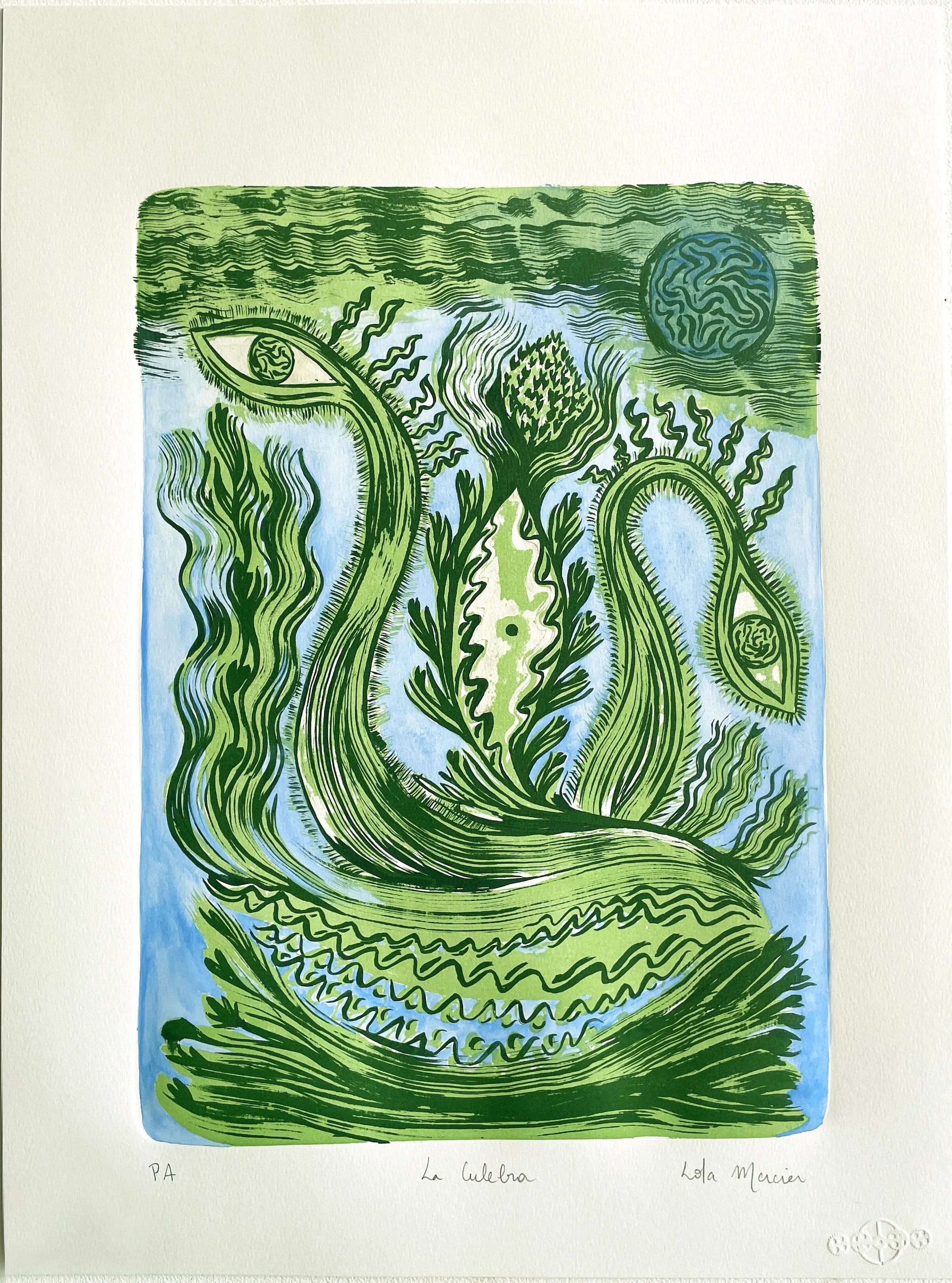 Las culebras, lithographie rehaussée à l'aquarelle  (imprimée en résidence à La Maquina Taller de Grafica) 2023