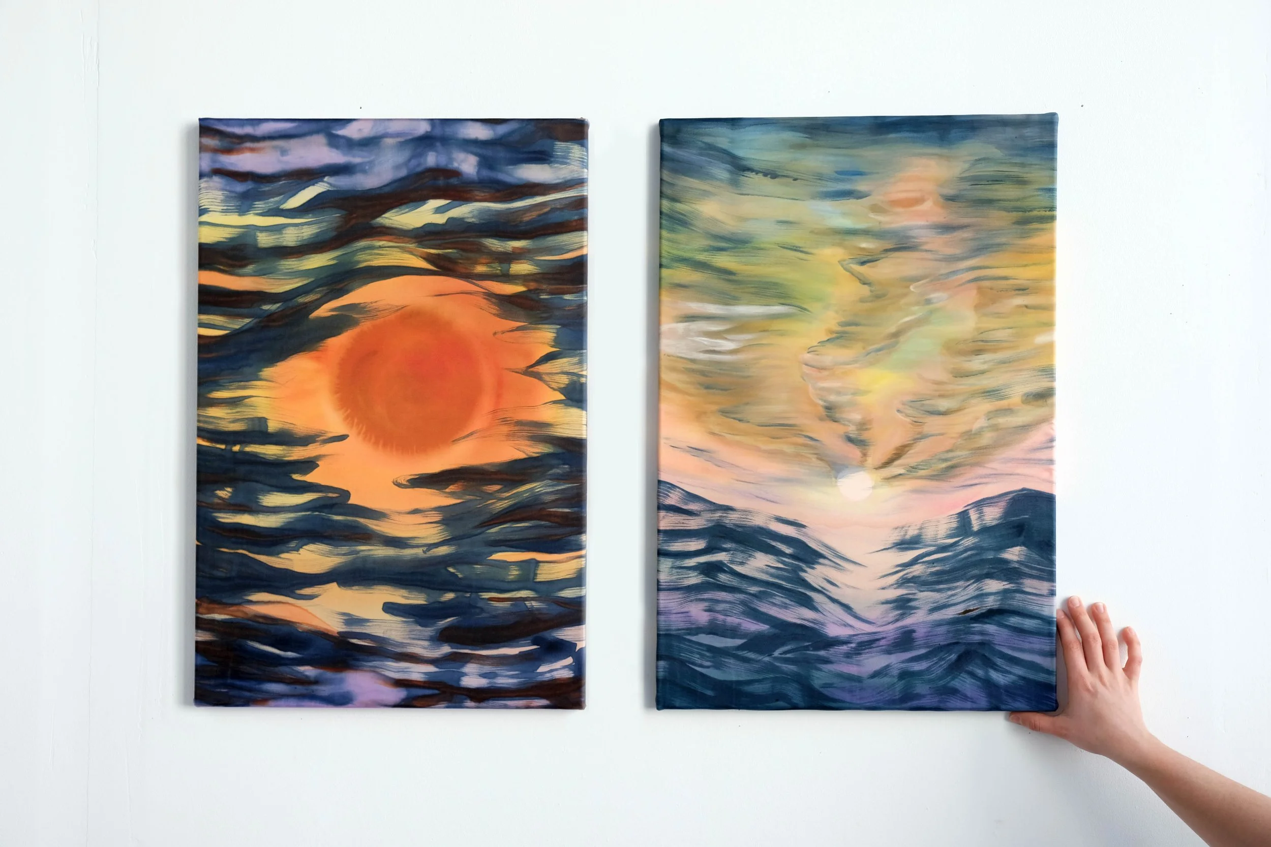 Vision et Soleil vague, encre textile sur soie, 40 x 60 cm, 2025