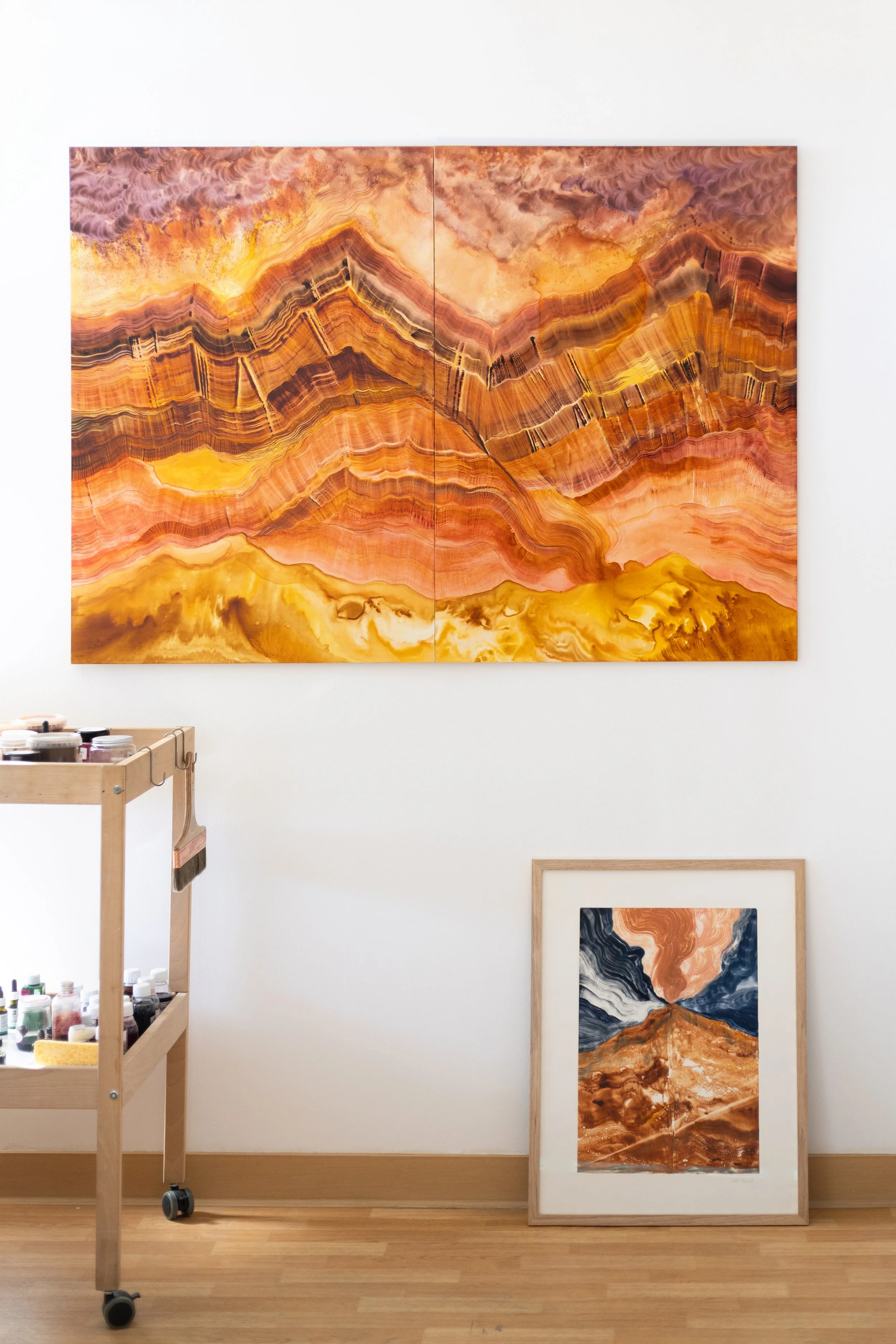 Lithosphère, 2026, encre, gouache et pigments sur papier marouflé sur bois
diptyque, 140 x 100 cm
