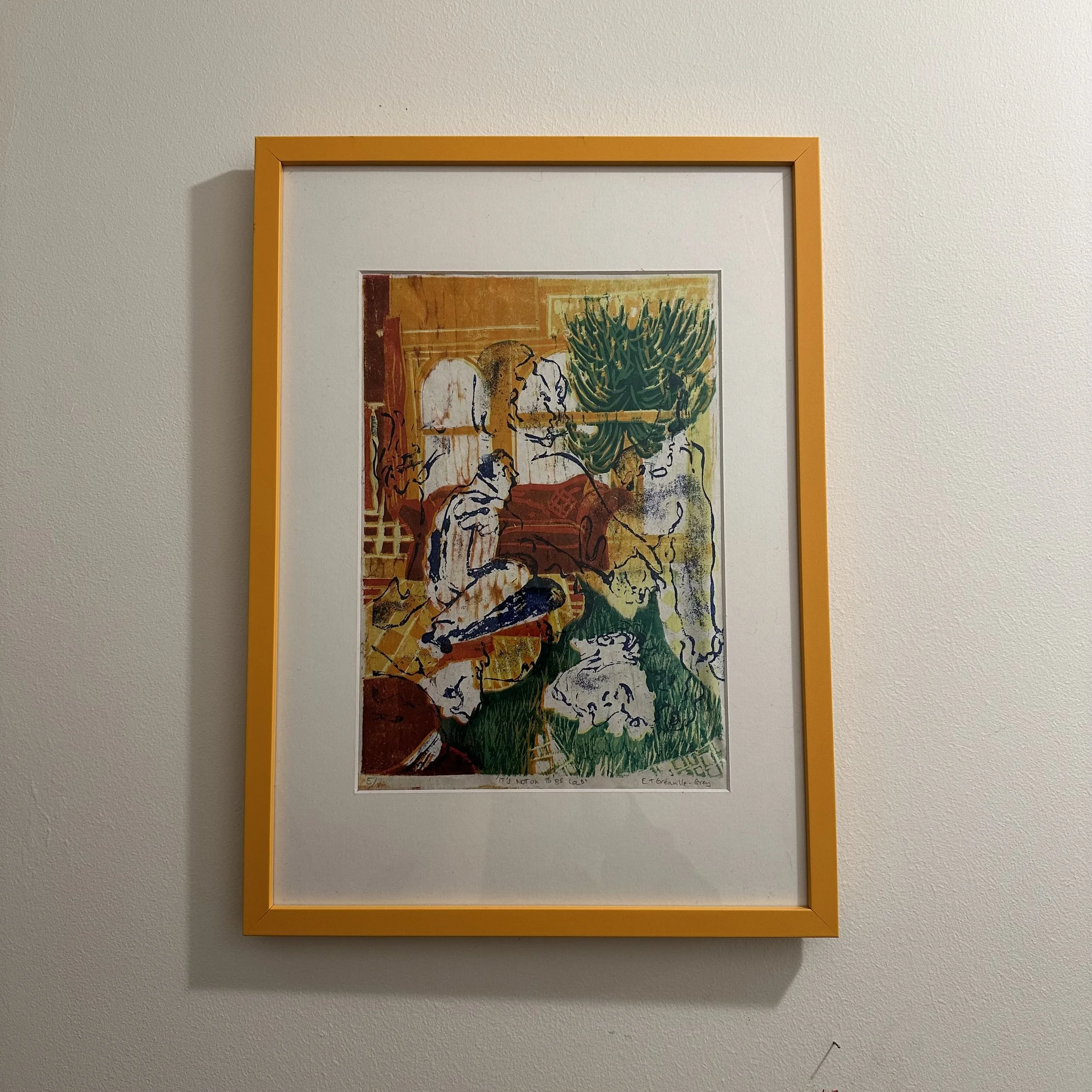 It's not ok to be cold - woodcut reduction, with lino etching overlaid - 22.5x30cm - Edition of 8, 2 available mounted and framed - £100 unframed, £160 framed