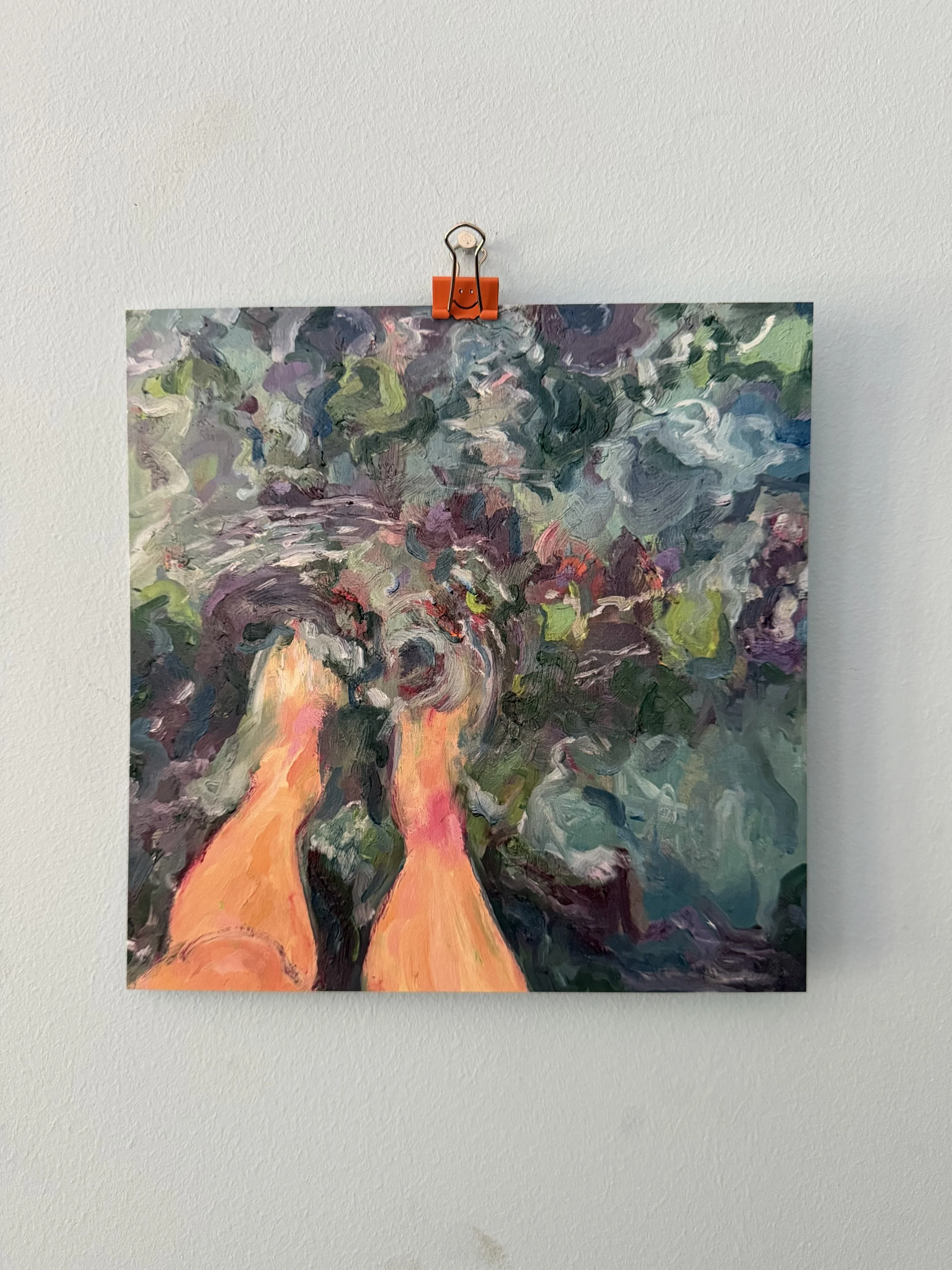 Fine art print of an oil painting looking down at bare feet stepping into water, surrounded by abstracted purple and green foliage reflections.