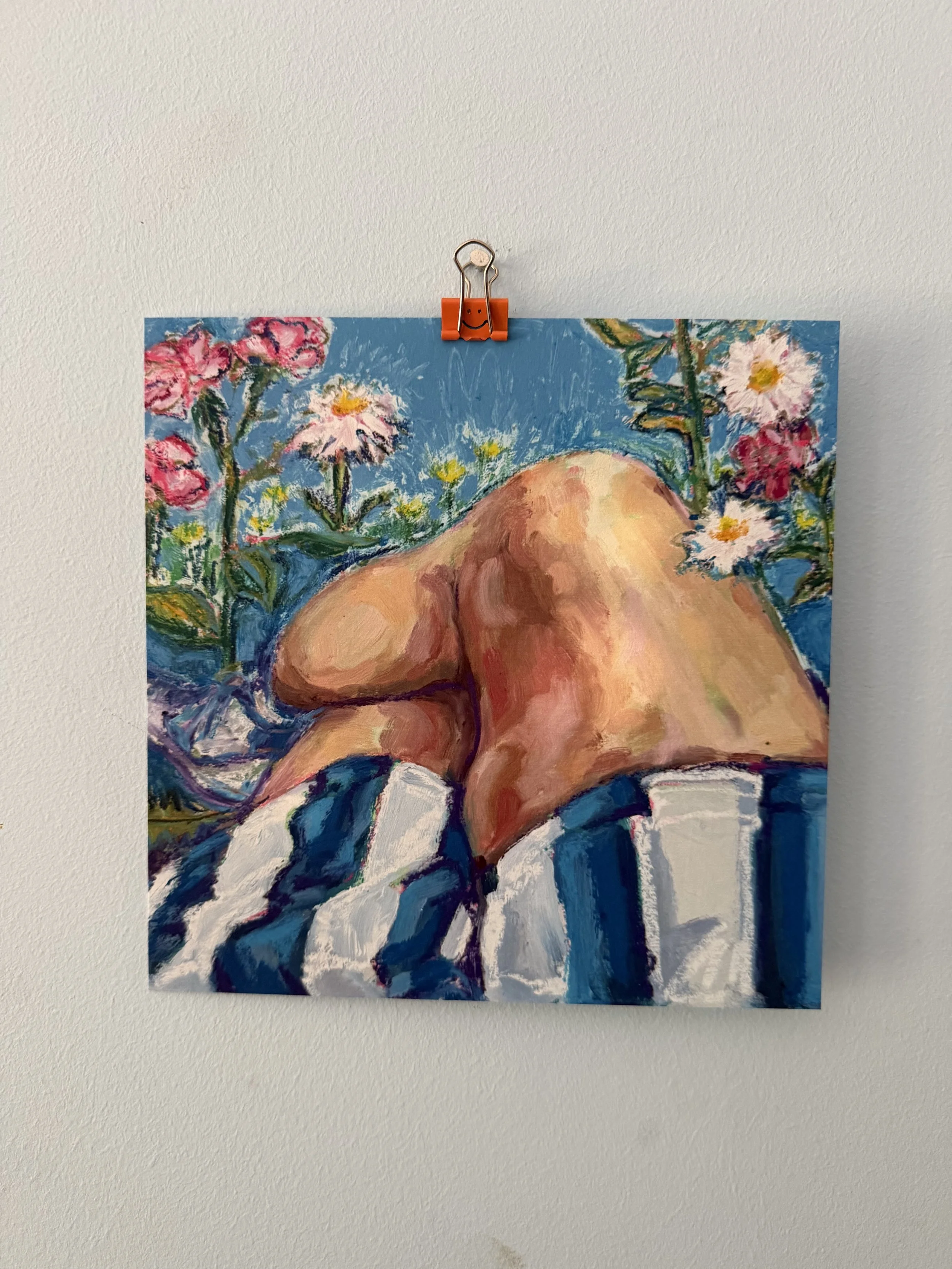 Fine art print of an oil painting showing a figure's back and hip resting against a blue sky, surrounded by pink and white garden flowers.