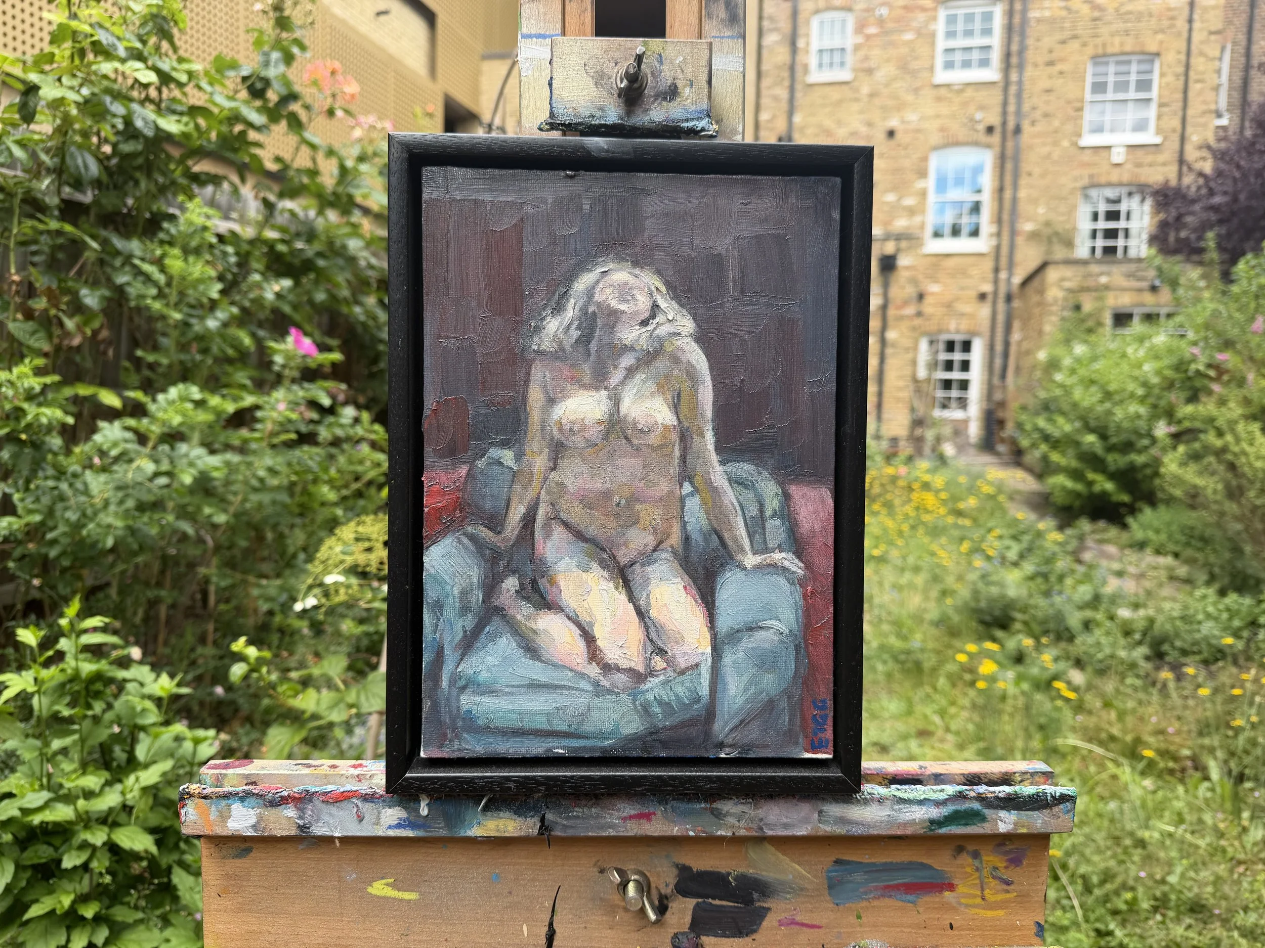 Oil on canvas in black shadow box frame