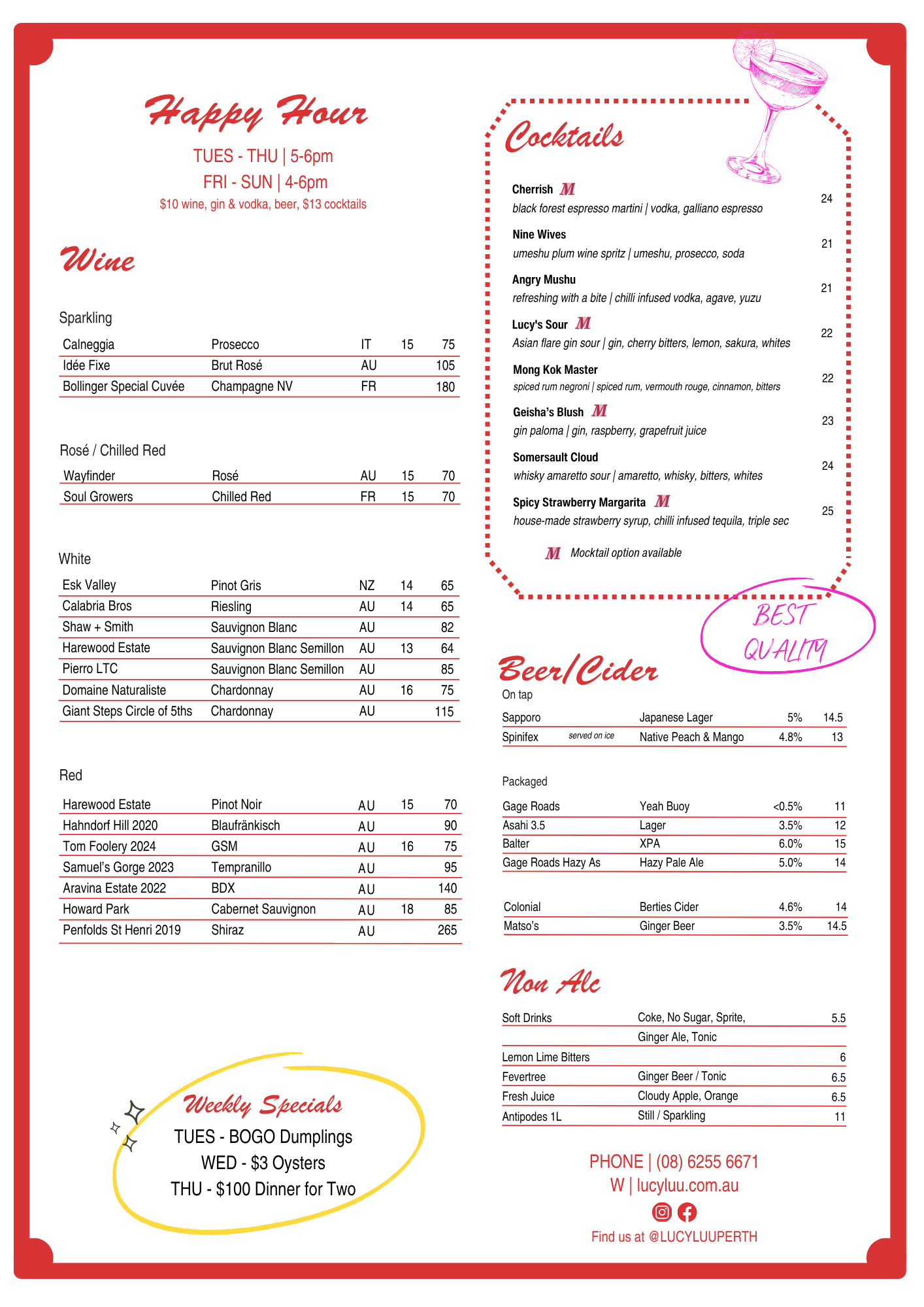 Lucy Luu Perth Asian Restaurant Drinks List
