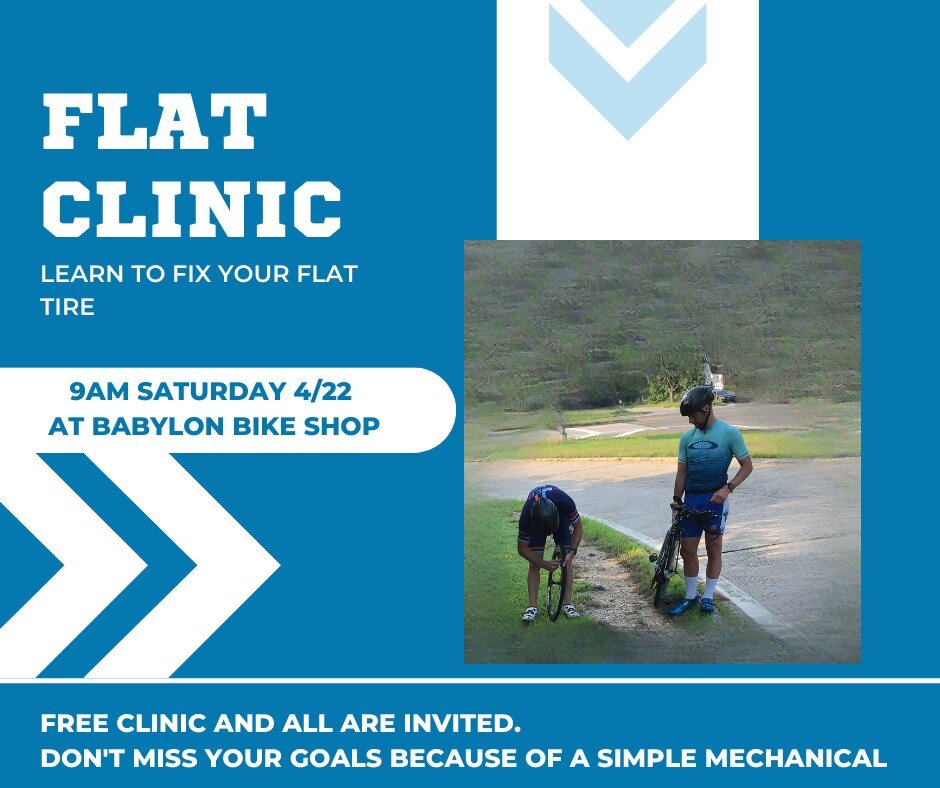 We will be having a flat repair clinic at 9am this Saturday at no charge.

Join us and learn how to repair your flat tire with the equipment you carry on your bike.

See you there!!