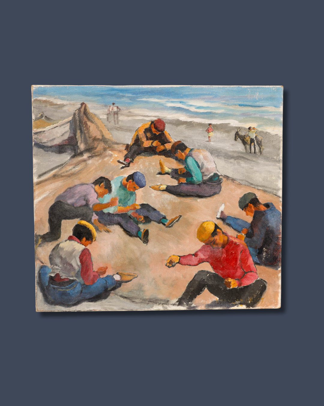 When sourcing artworks we're always looking for unique compositions that tell a story. We couldn't get over this beautiful study of fishermen mending nets in Costa del Sol. The colours, the perspective and the concentration on the men's faces all mak