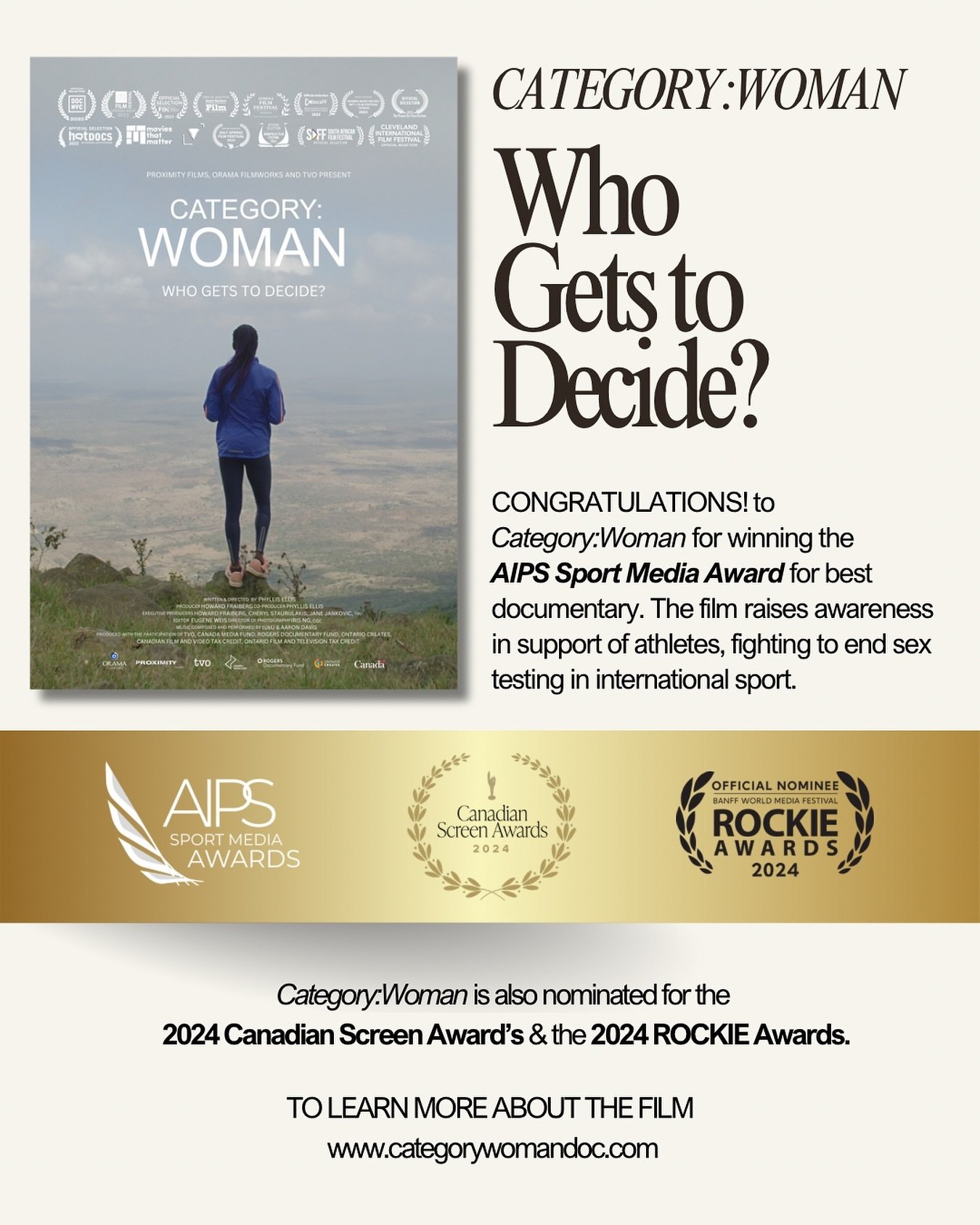 ⭐️ Congratulations to Category:Woman for winning the AIPS Sport Media Award for Best Documentary. The film raises awareness in support of athletes, who continue to fight for their right to compete on the world stage. The film is also nominated for th