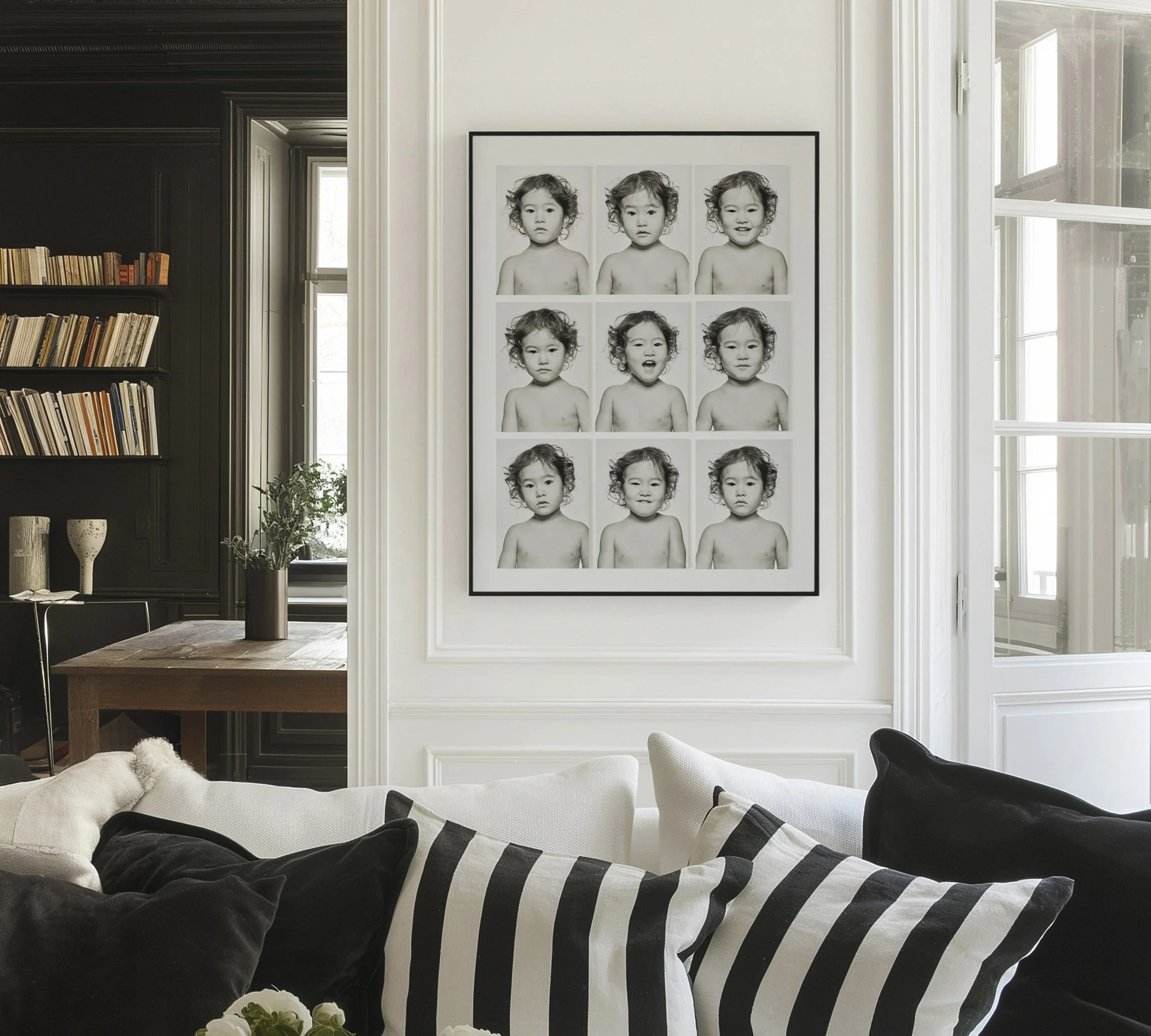 A framed collage of nine black-and-white photos of a young girl with curly hair, showing different facial expressions, hung on a white wall in a living room.
