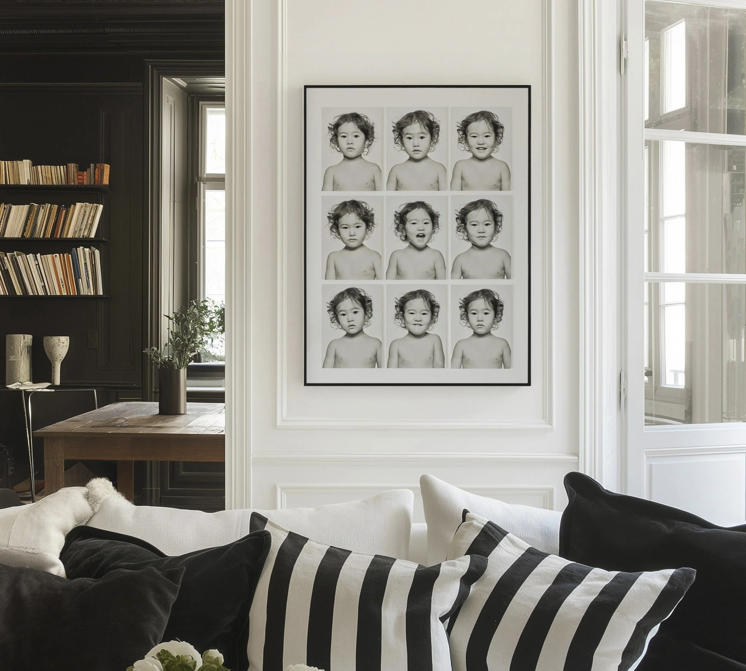 Interior of a living room featuring a wall art print of a girl's various facial expressions in black and white, with dark and light furniture and decor.
