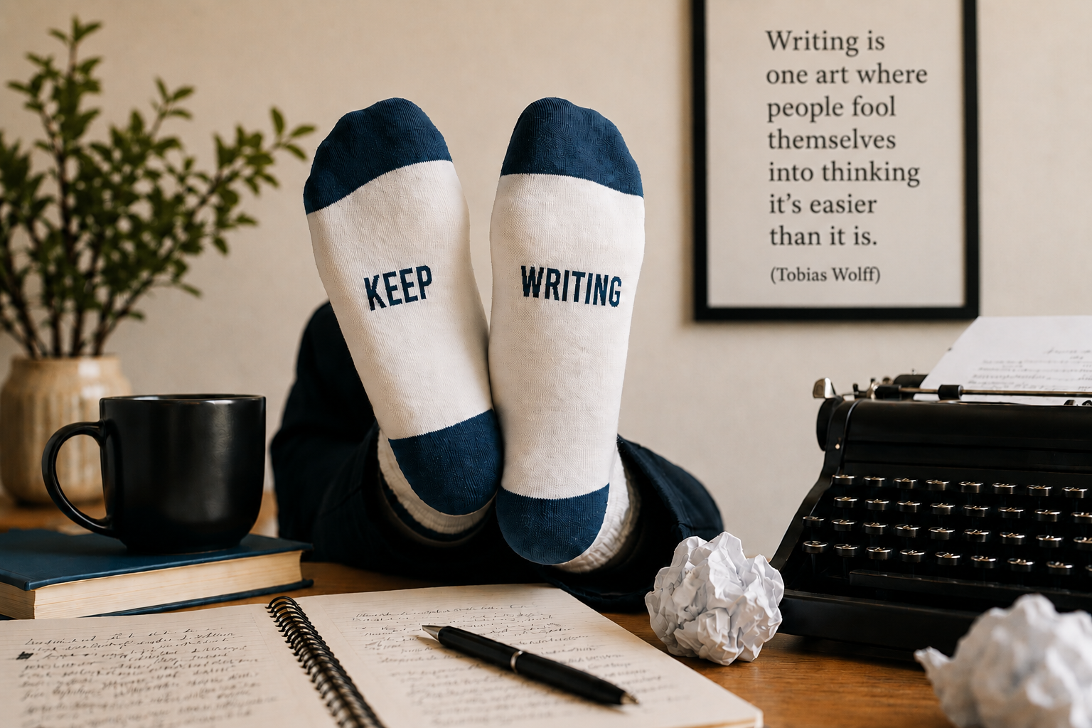 Person relaxing at a writing desk in “KEEP WRITING” socks beside a typewriter, notebooks, and crumpled drafts. Framed sign reads: “First drafts don’t have to be perfect.” Im