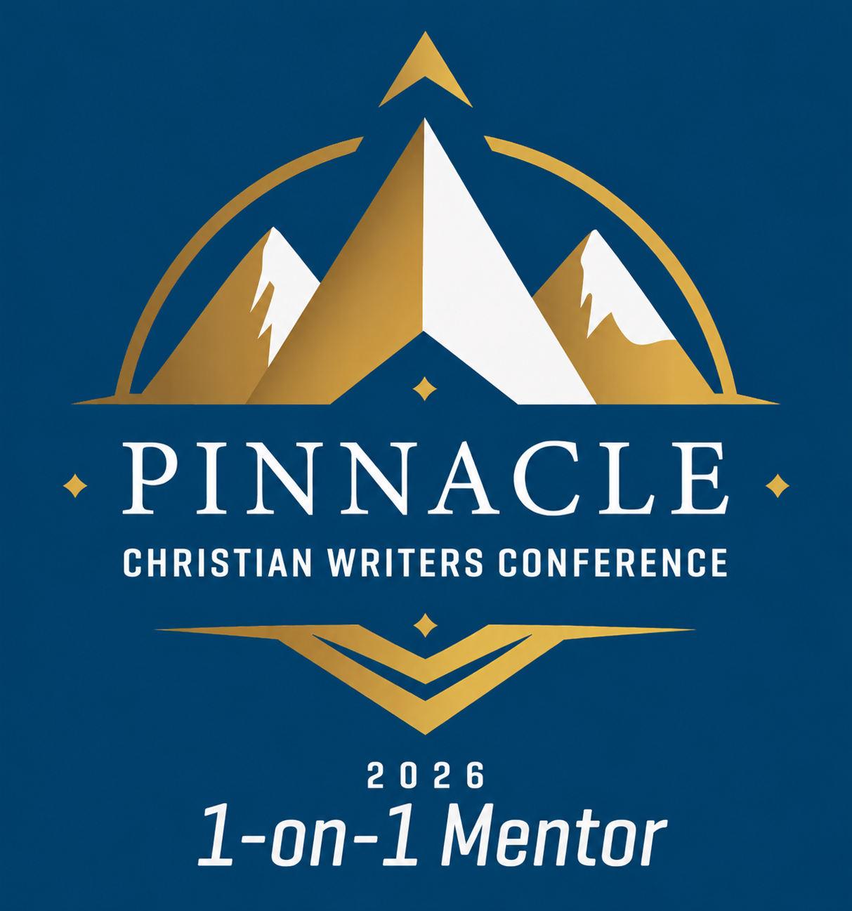 A logo for the Pinnacle Christian Writers Conference 2026 featuring stylized mountains and a star, with text indicating a 1-on-1 mentor program.