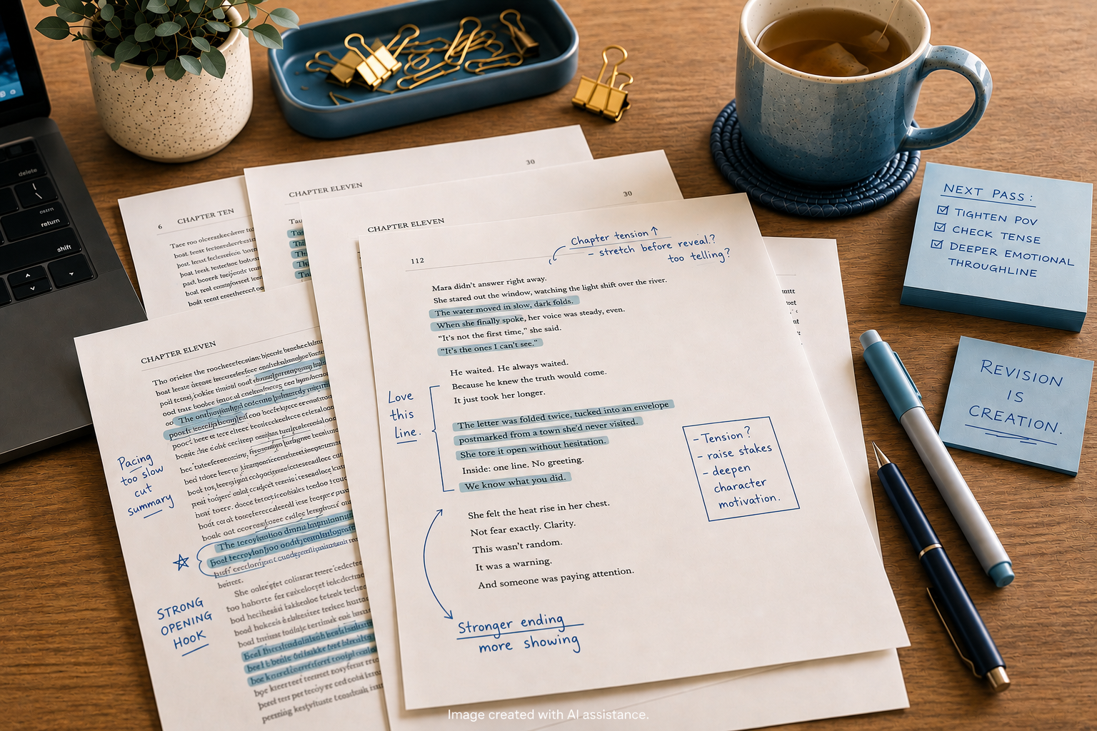 Writer’s editing workspace with annotated manuscript pages, highlighted revisions, handwritten notes, tea, and blue-gray desk accessories. Image created with AI assistance.