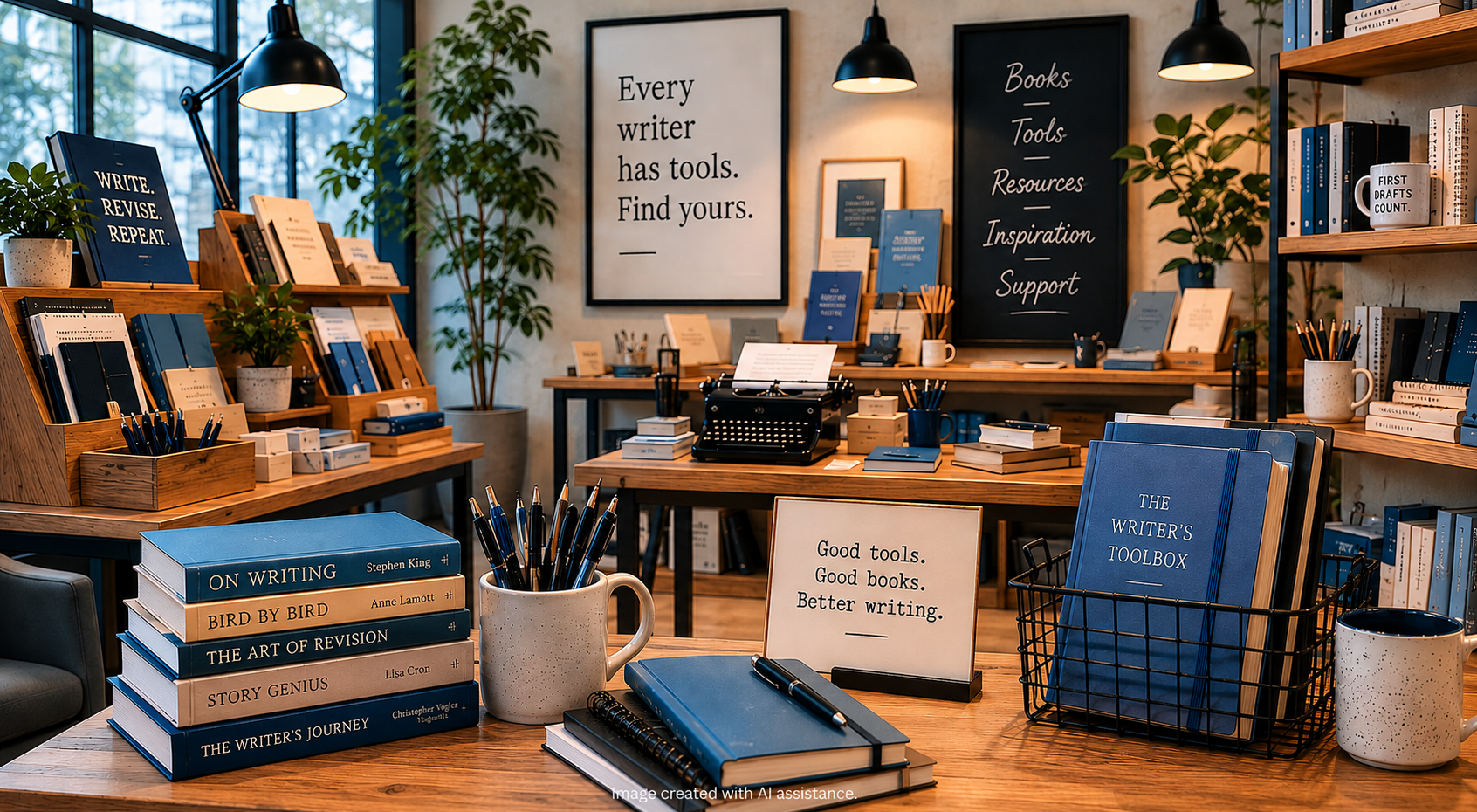 Writer’s bookstore featuring shelves of craft books, notebooks, pens, writing tools, and inspirational signs arranged on wooden tables in a cozy creative workspace. Image created with AI-assistance.