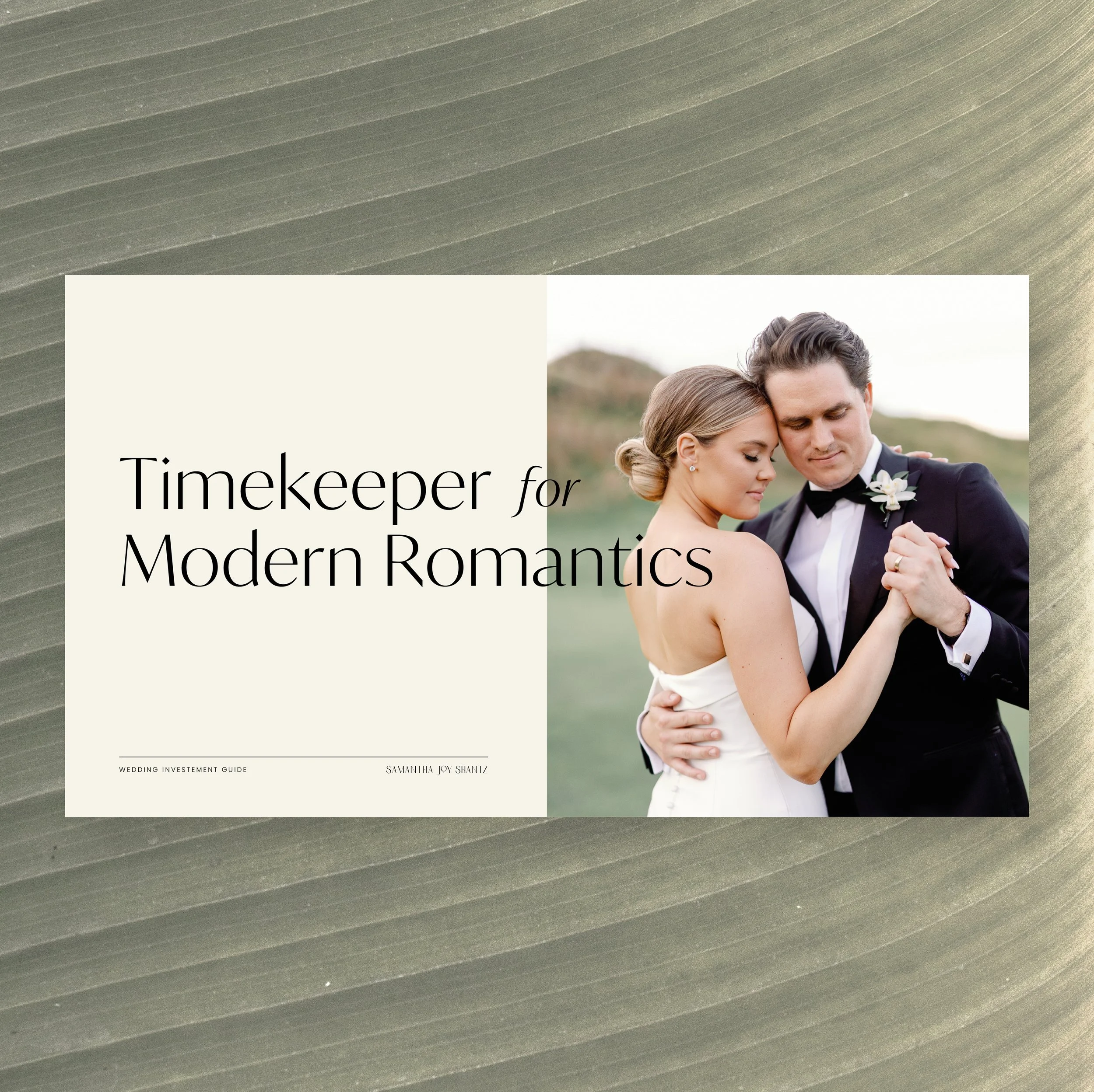 Wedding couple embracing with text 'Timekeeper for Modern Romantics' on a brochure cover. Background features a leaf pattern.