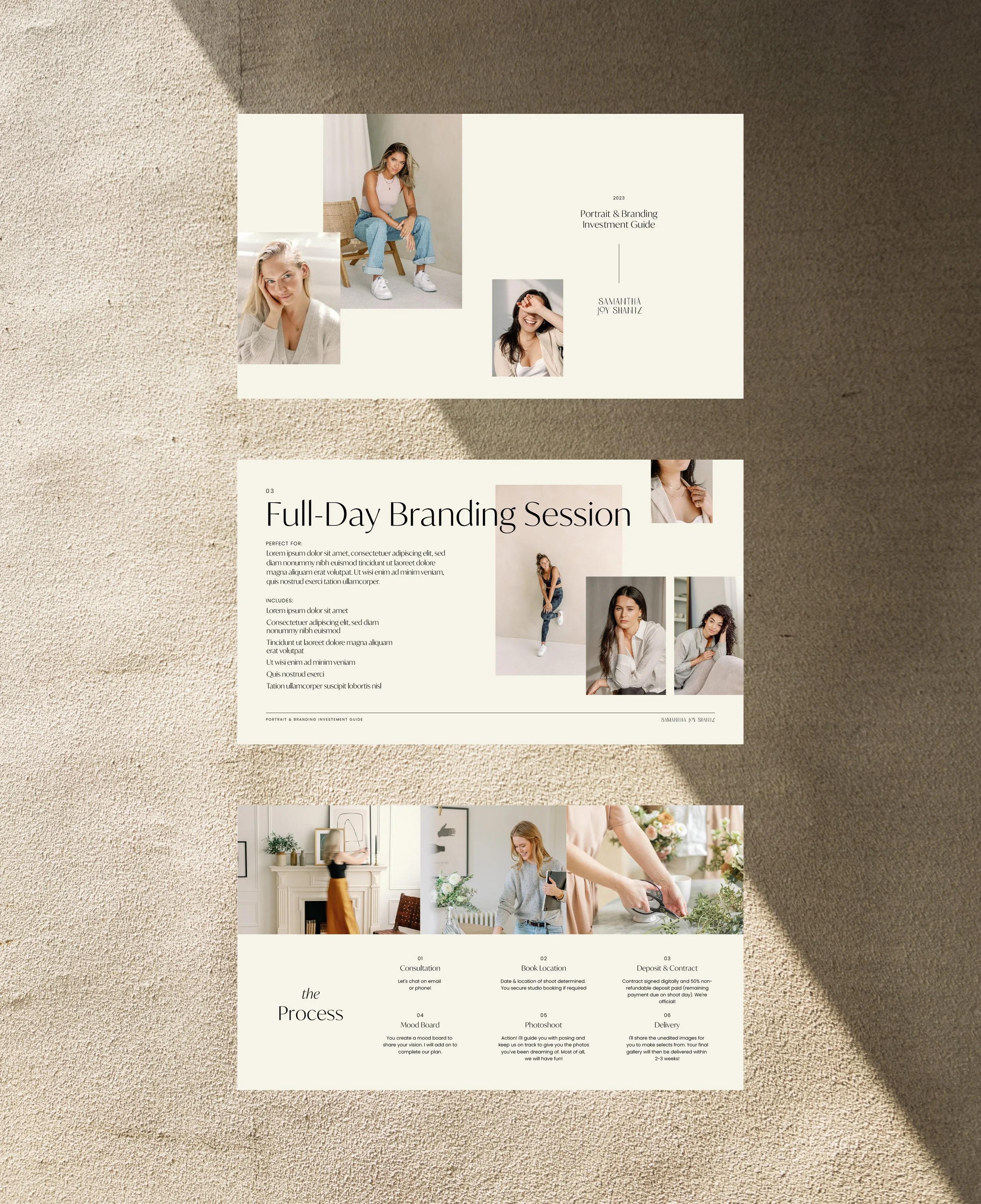 A set of promotional materials for a Portrait and Branding Investment Guide by Samantha Jay Shultz, featuring photos of models and descriptions of a full-day branding session with process steps: consultation, booking, deposit, mood board, photoshoot,