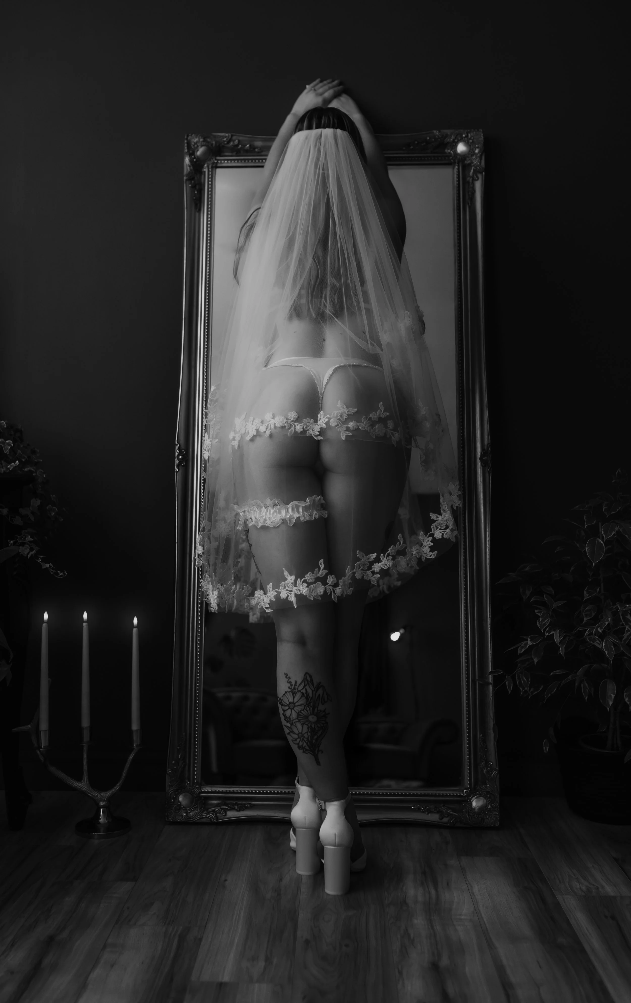 Wedding boudoir photographer Glasgow — bride in veil black and white portrait Scotland