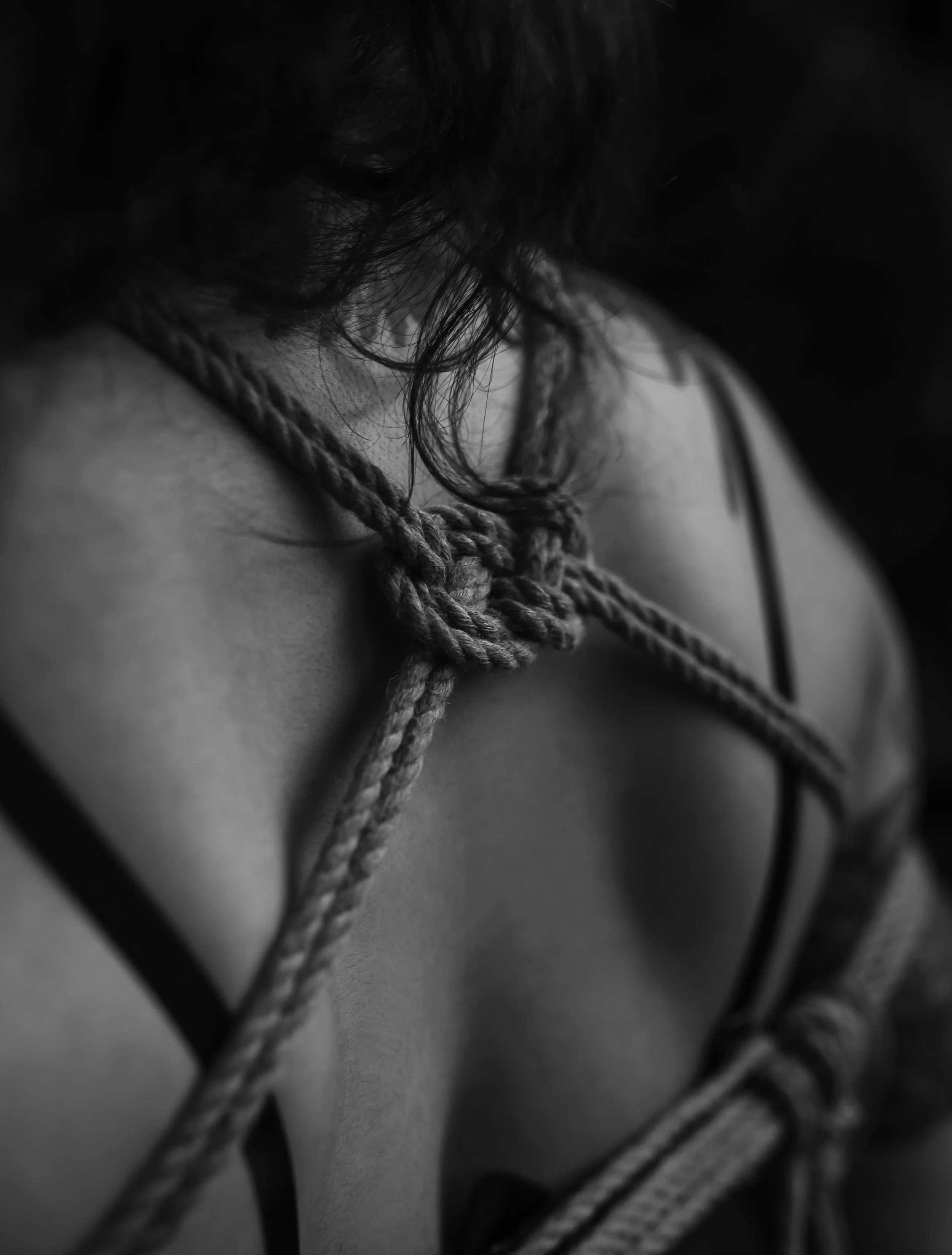 Elegant shibari boudoir photography highlighting strength, vulnerability, and trust.