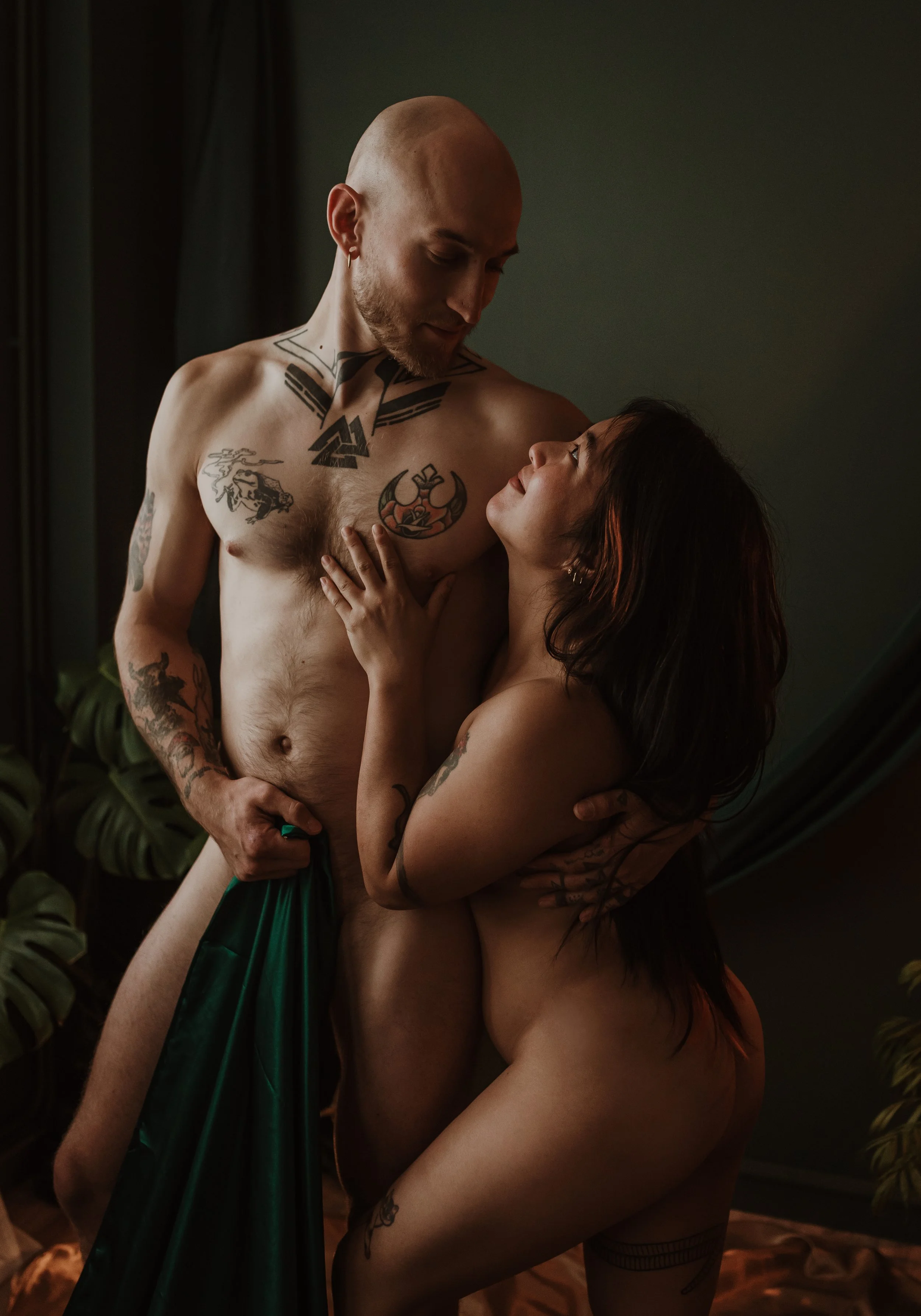 Couple photographed together during a romantic couples boudoir experience at Marieke Captures studio in Glasgow, Scotland — timeless and intimate