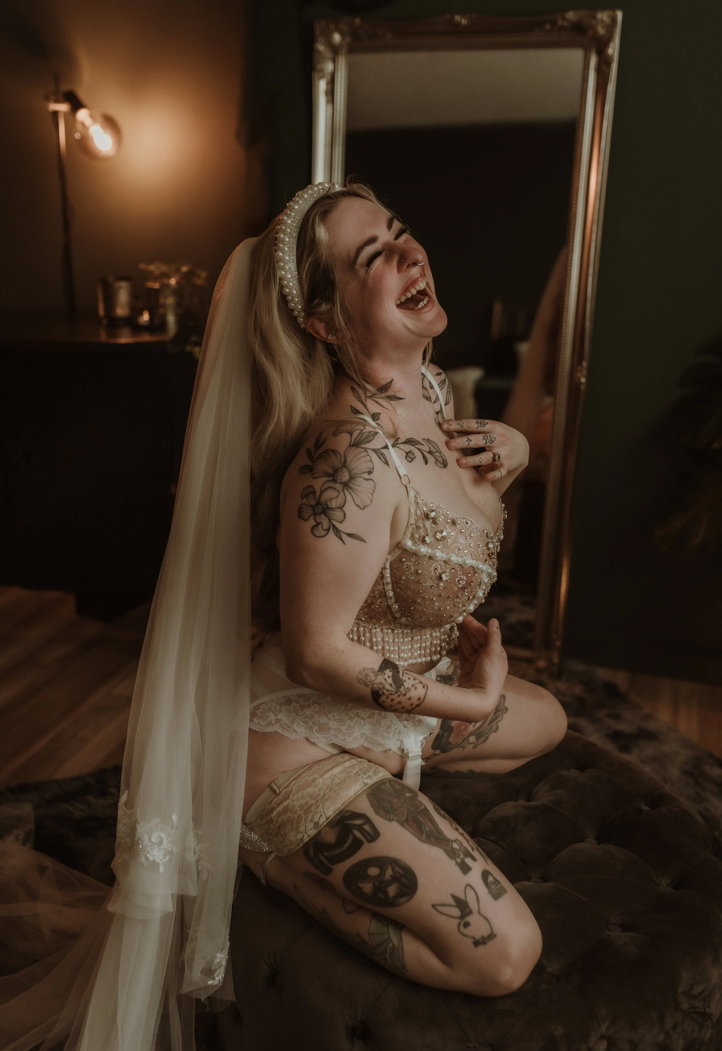 Behind the scenes moment from an inclusive wedding boudoir photography session at Marieke Captures studio in Glasgow, Scotland