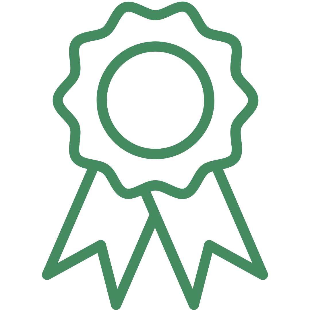 Outline of a green award ribbon with a circular top and two downward-pointing ribbon tails.